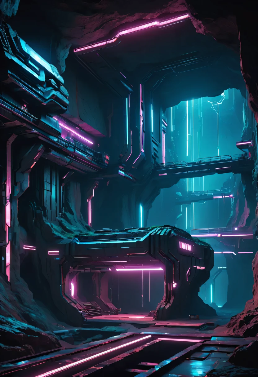 (underground cave research institute:1.2)，underground structure，sense of technology，underground research cave，underground structure，light lighting，sense of technology，futuristic，Science fiction，cyberpunk，Unreal Engine，fault art，mechanical aesthetics，neon lights