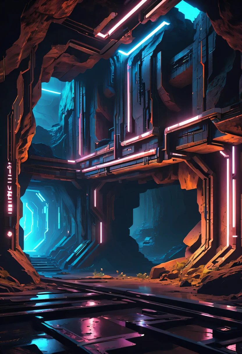 (underground cave research institute:1.2)，underground structure，sense of technology，underground research cave，underground structure，light lighting，sense of technology，futuristic，Science fiction，cyberpunk，Unreal Engine，fault art，mechanical aesthetics，neon lights