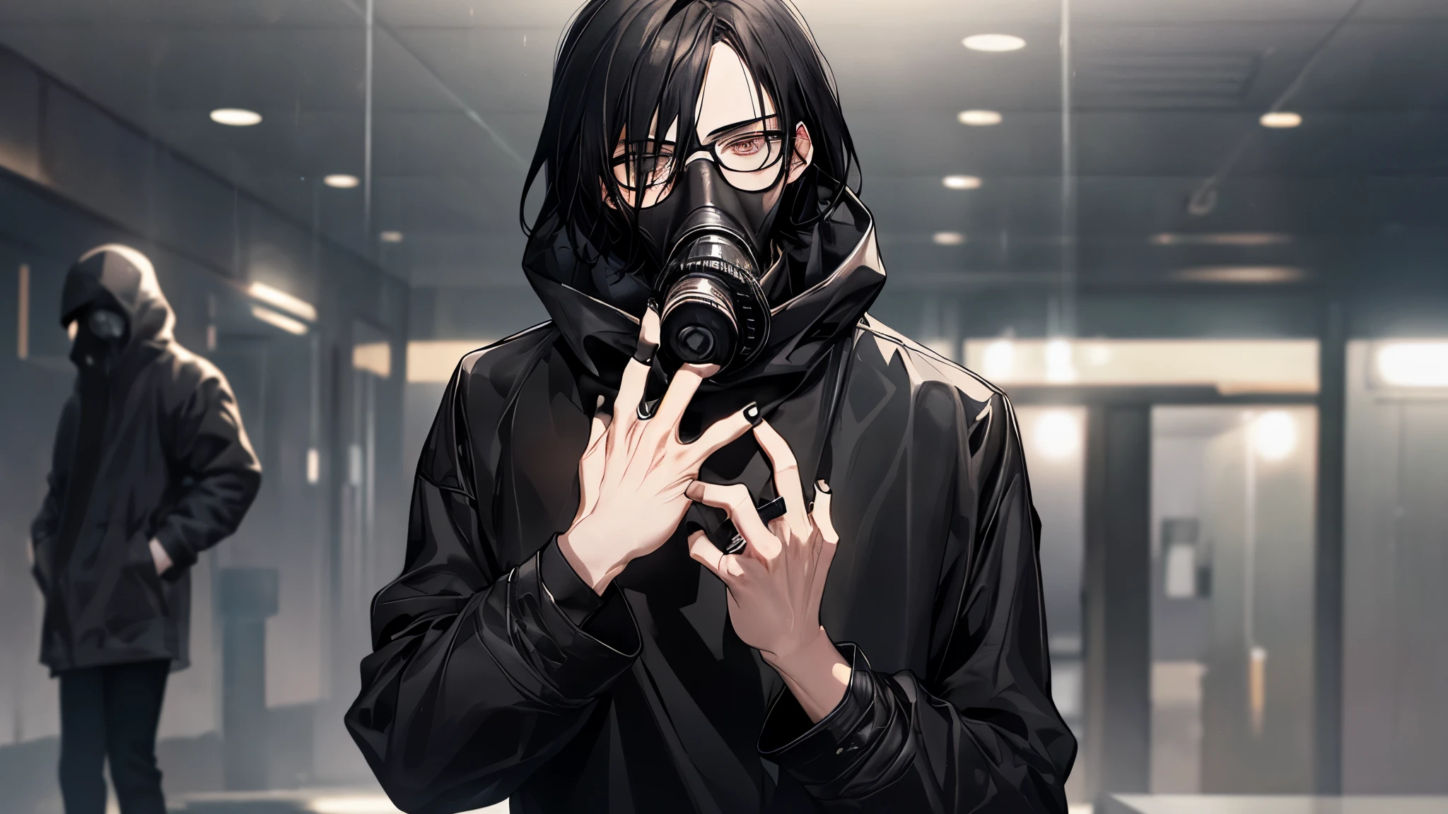 1 guy, black jeans, black sweater, press, Thin, pale, rings on fingers, black nails, Glasses, black hair, a little sporty, Glass eyes, cinematic lighting, Blur background, Best quality, Brown eyes, in a desert, in a gas mask, In a raincoat,
