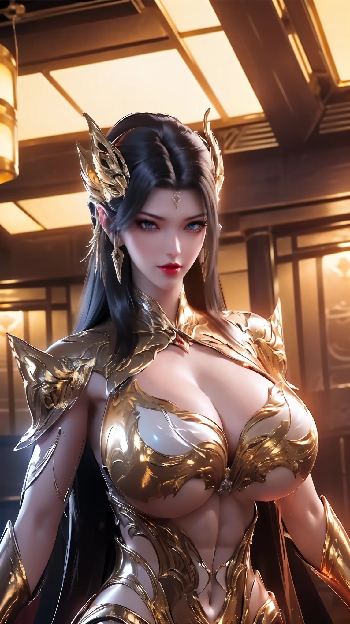 UPPER BODY,CLOSE UP HALF BODY,SOLO,(BEAUTY BLACK HAIRSTYLE,MECHA PHOENIX GOLD HELM), (HUGE FAKE BREAST,CLEAVAGE,MUSCLE ABS:1.5), ((WEAR RED AND WHITE MODERN FUTURISTIC MECHA ARMORED SET:1.5)),(NSFW SLENDER BODY MATURE WOMAN:1.5), (SWEATY GLOSSY BODY:1.5), (LOOKING AT VIEWER:1.3),(HALLROOM OF FUTURISTIC SPACE STATION:1), (PHOTOREALSITIC:1.4), (ULTRA-DETAILLIERT), (TOP-QUALITY), (BEST SHADOWS), (MASTERPIECE), BRIGHT LIGHT IN ROOM, HYPER TEXTURE, (4X MSAA), ((UNREAL ENGINE 5 RENDER)), PHYSICALLY-BASED RENDERING, ULTRA HIGHT DEFINITION, 16K, 1080P.