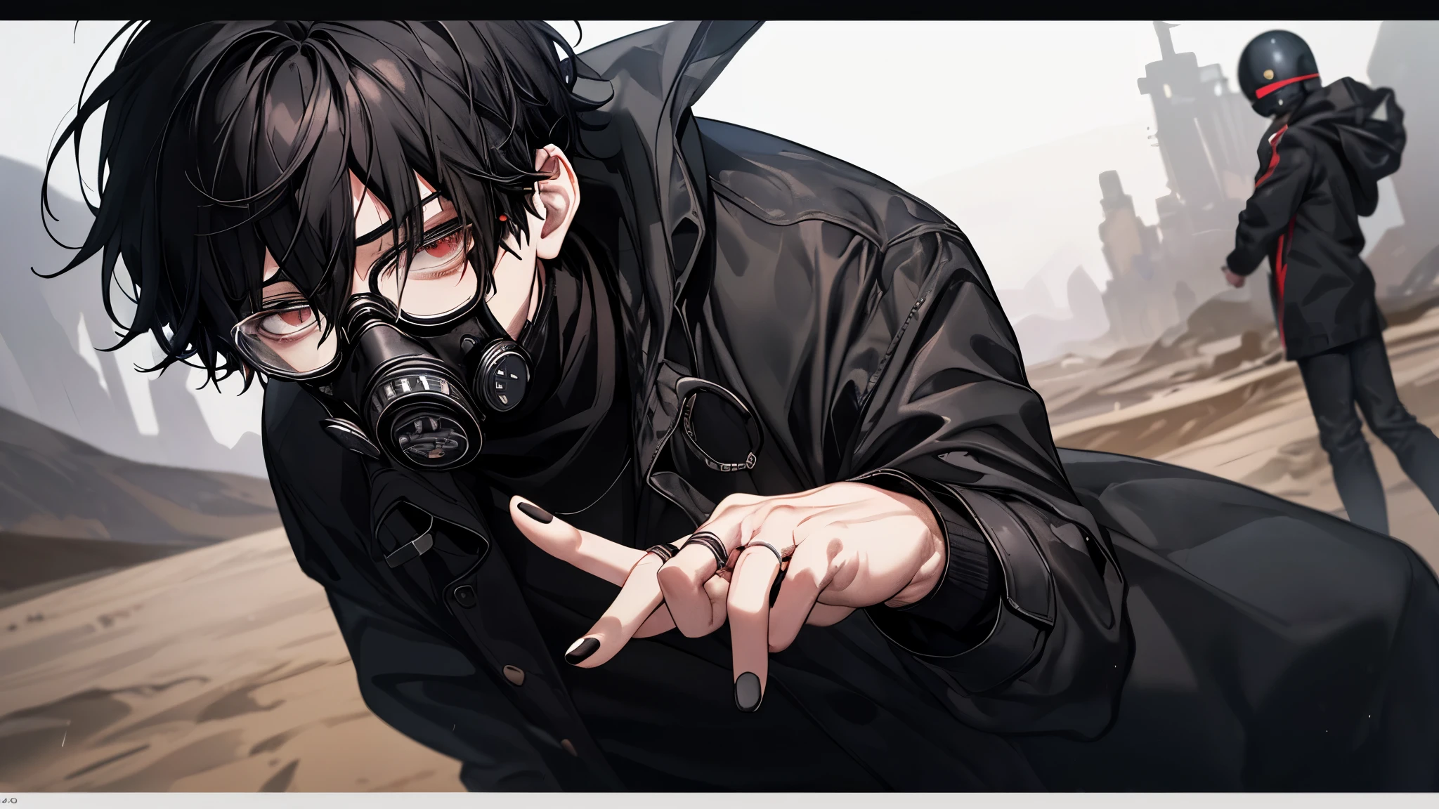 1 guy, black jeans, black sweater, press, Thin, pale, rings on fingers, black nails, Glasses, black hair, a little sporty, Glass eyes, cinematic lighting, Blur background, Best quality, Brown eyes, in a desert, in a gas mask, In a raincoat,