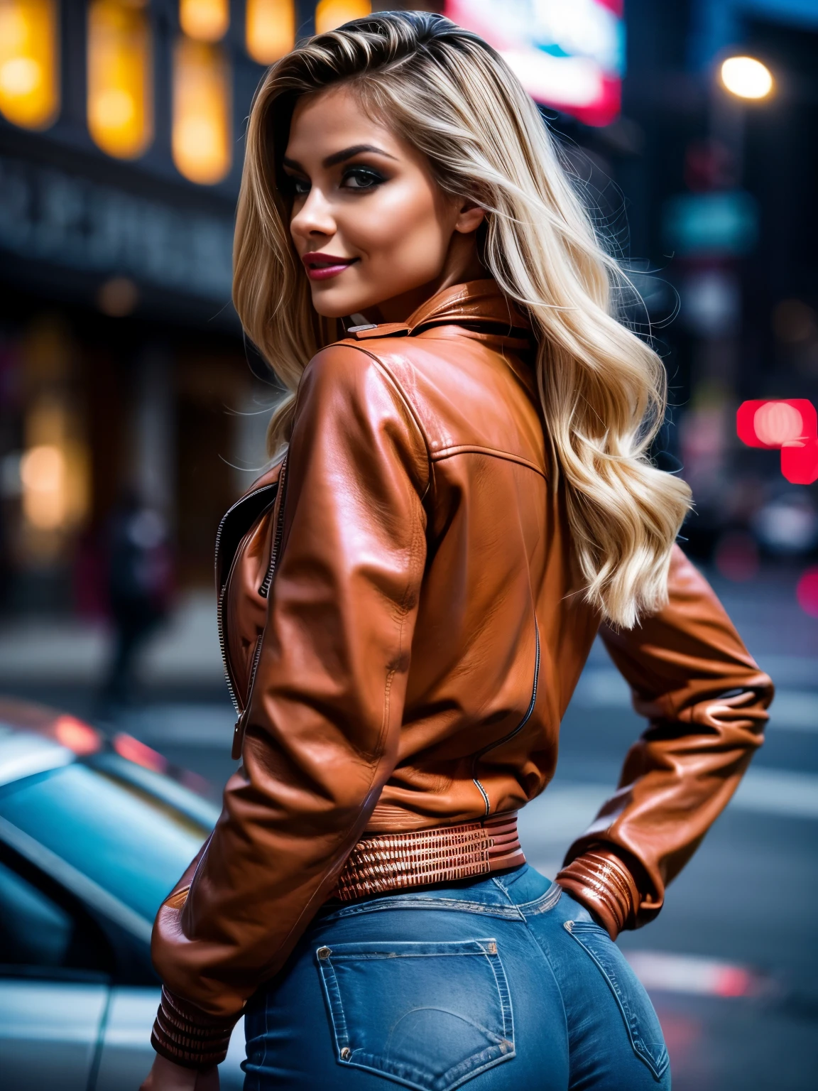 (masutepiece, Best Quality), ultra-detailliert, Photorealsitic, a blond, beautiful female model, ((Coordinating sexy leather jackets)), open-shirt, high-heels, a necklace, Ring Accessories, Wavy Hair, Perfect face, Beautiful face, enticing, big gorgeous eyes, blue eyess, heavy make up, red-lips, Dark Eye Makeup, seducting smile, Glamorous body, Voluptuous body, Big ass, Night city, suggestive pose