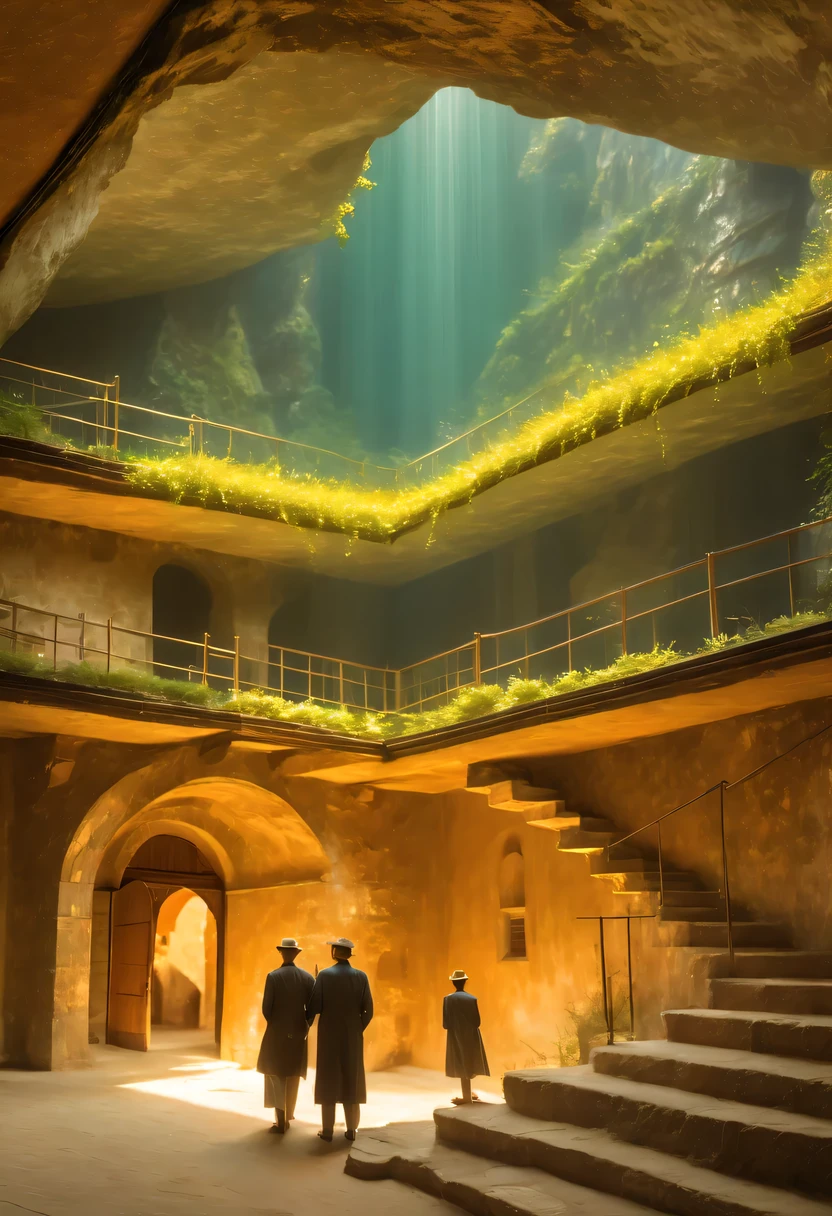 (deep into the earth&#39;crust:1.9)，Ant nest structure，chaining，(Sectional view of the Underground Science Institute:1.9)，Consists of multiple tunnels and rooms，The main part consists of the shaft entrance、Central courtyard、storeroom、Housing etc..，light lighting，sense of technology，futuristic，liquid metal，Copper plate engraving，Sci-fi transparent ethereal shield，cyberpunk，Holographic projection，fault art，mechanical aesthetics，neon lights，laser light，fluorescence，glow effect，liquid metal，Copper plate engraving，Unreal Engine