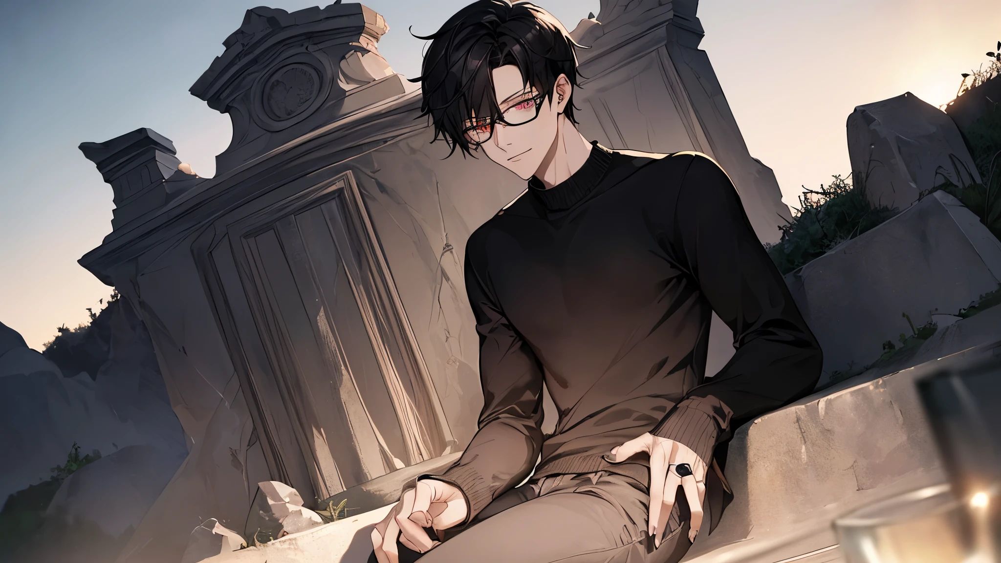 Homem alto, cabelo longo preto, magro, corpo com roupas, pale skinned, piercings no rosto, rato pequeno marrom no ombro, Background cemetery, franja repartida no meio, roupa preta, not smiling, sobretudo de couro, camisa preta estampada, crouched near a tombstone, black pant, Corpse painting, rosto masculino, Batom Preto.