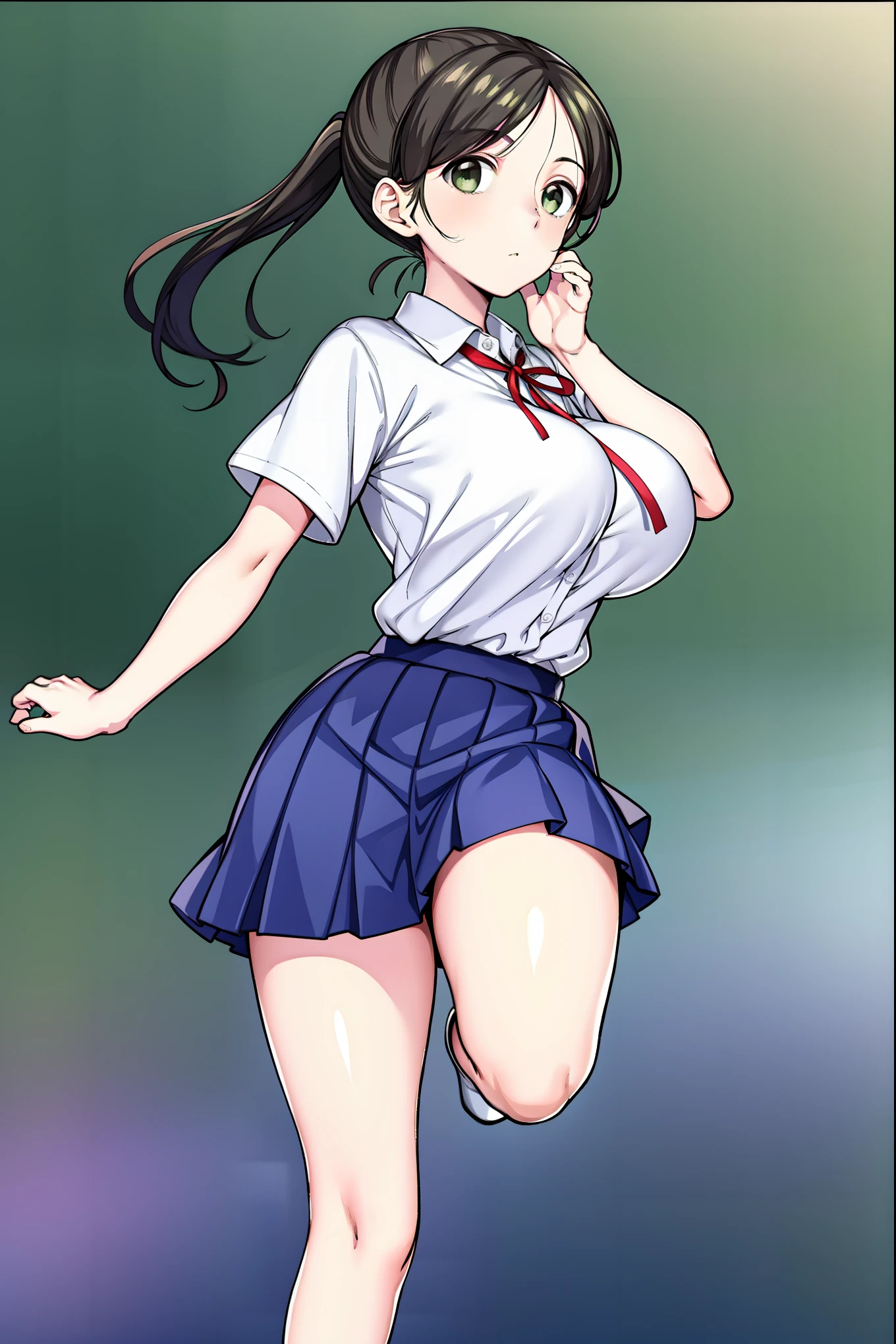 akane yoshizawa, black hair, ponytail, (green eyes:1.5), swept bangs, 
BREAK
long hair, Girl in school uniform, standing on one leg,
BREAK
skirt, shirt, ribbon, school uniform, white shirt, short sleeves, pleated skirt, shoes, socks, blue skirt, white socks, collared shirt, red ribbon,
BREAK
official art, extremely detailed CG unity 8k wallpaper, perfect lighting,Colorful, Bright_Front_face_Lightinasterpiece:1.0),(best_quality:1.0), ultra high res,4K,ultra-detailed,
photography, 8K, HDR, highres, absurdres:1.2, Kodak portra 400, film grain, blurry background, bokeh:1.2, lens flare, (vibrant_color:1.2)
, (beautiful_face:1.5),(narrow_waist), (Beautiful,Huge_Breasts:1.3)