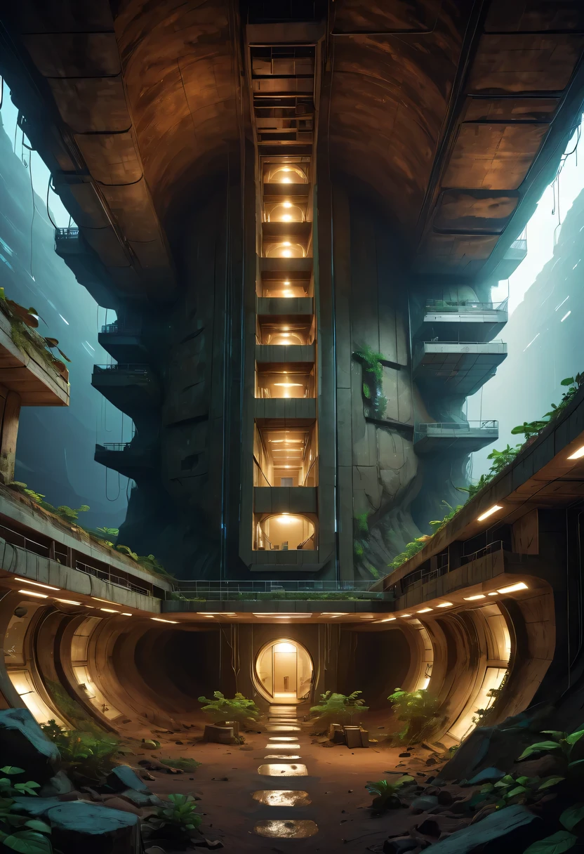 deep into the earth&#39;crust，Ant nest structure，chaining，Sectional view of the Underground Science Institute，Consists of multiple tunnels and rooms，The main part consists of the shaft entrance、Central courtyard、storeroom、Housing etc..，light lighting，sense of technology，futuristic