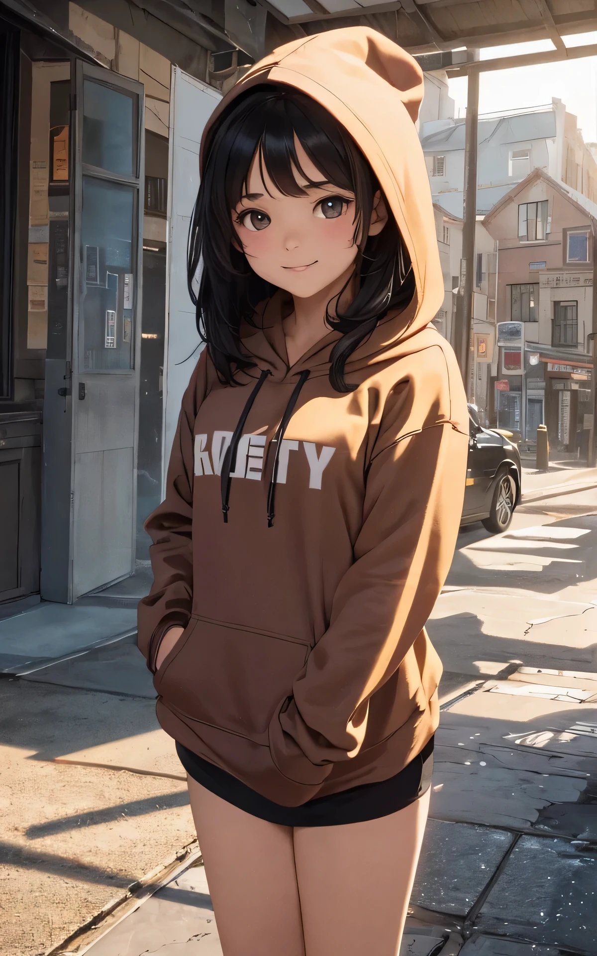 Unity 16K Wallpaper, Masterpiece, Best Quality, Ultra-Detailed, Extremely Detailed CG, Caustics, Cinematic Lighting, Detailed, Beautiful Detailed Eyes, 1girl, brown eyes, adorable, photorealistic, small breasts, (young girl, Hoodie, beautiful black hair:1.3,  girl:1.3), city, portrait, dutch angle, cowboy shot, light smile
