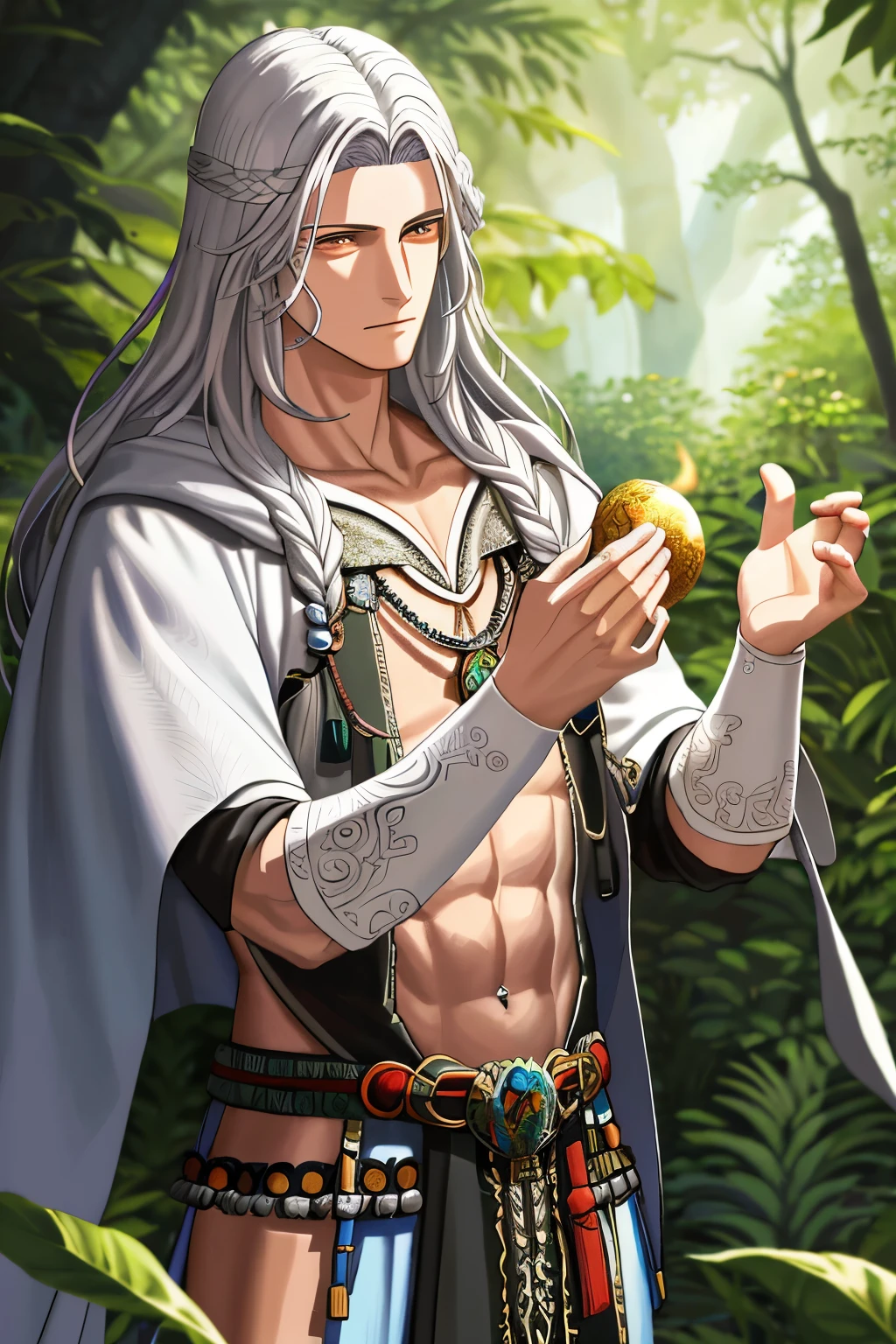 (Best quality, high-definition illustration), (Super fine and intricate details), (Masterpiece portrayal),

A young man, clad in loincloth and adorned with shaman medals,

Steps deep into the forest, his dark skin glistening under the canopy's shade,

His eyes focused, imbued with an aura of wisdom and connection to nature,

As a shaman, he carries the essence of the forest within him,

A mystical figure from the Dead or Alive series, #DOA-S2,

The illustration captures every minute detail of the young man's tribal tattoos and text