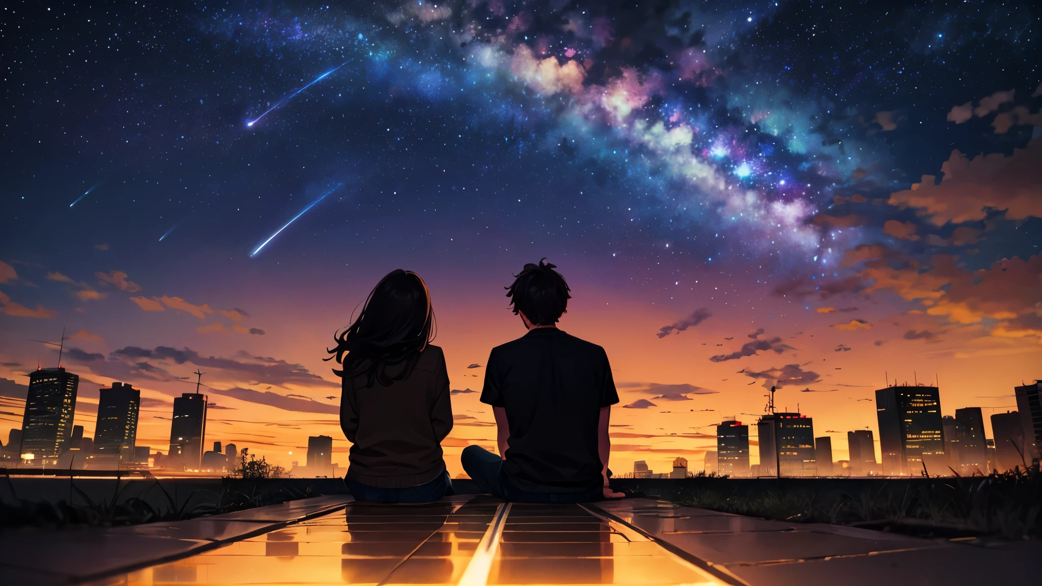 octane, sky, star (sky), landscape, starry sky, night, only two people, one boy black hair, one girl brown hair, night sky, pair, outdoors, building, clouds, sitting, tree, long hair, urban, silhouette, cityscape, few shooting stars. pov from behind them, they are sitting in the ground