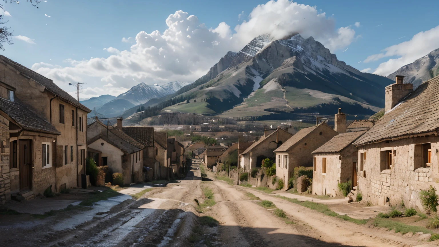 image of a medieval village, streets with mud, reflecting the landscape of several houses on both sides of the street, crooked trees, mountains in the background, many clouds, high detail, super realistic style, 4k.