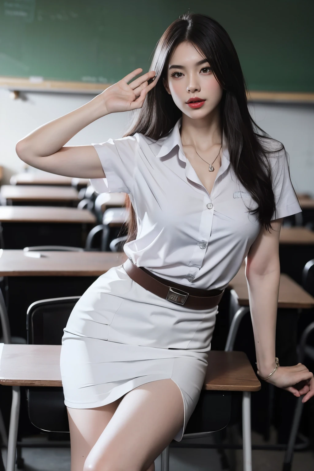 (8k, best quality, masterpiece, ultra highres:1.2) Photo of Pretty Japanese woman beautiful, beautiful enchanting fashion contemporary painting with a, looking at the viewer, ((in classroom background)), (1girl), (white shirt short sleeves), ((black pencil skirt)), belt, ((hand down)),black hair, medium hair, high angle photo of a gorgeous woman, realistic skin texture, looks up, (nudity), round chin, 85 mm art lens, f 1. 2, sharp focus, 8 k high definition, insanely detailed, intricate, elegant, large breasts, dynamic pose, large breasts,