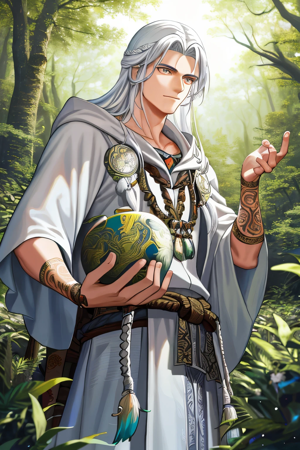 (Best quality, high-definition illustration), (Super fine and intricate details), (Masterpiece portrayal),

A young man, clad in loincloth and adorned with shaman medals,

Steps deep into the forest, his dark skin glistening under the canopy's shade,

His eyes focused, imbued with an aura of wisdom and connection to nature,

As a shaman, he carries the essence of the forest within him,

A mystical figure from the Dead or Alive series, #DOA-S2,

The illustration captures every minute detail of the young man's tribal tattoos and text