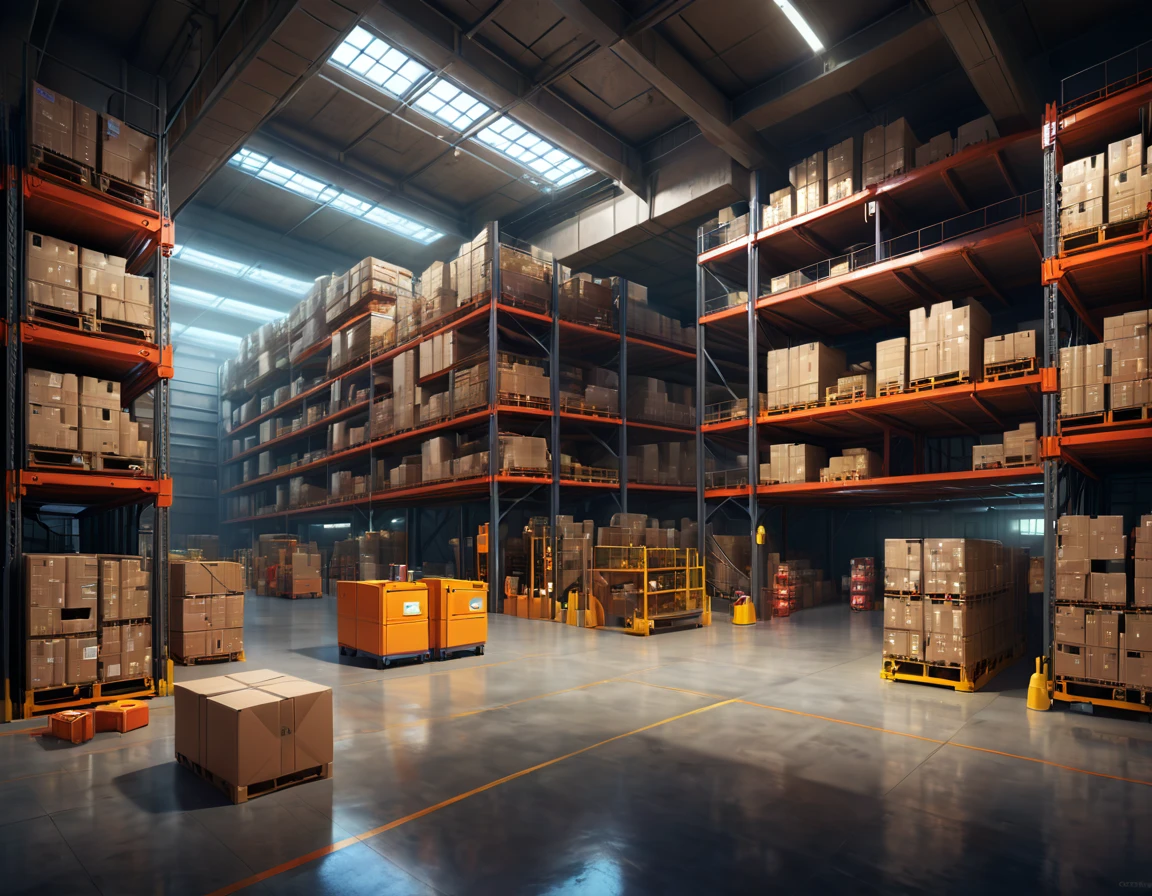 Logistics center, warehouse, Underground, enhance, intricate, (best quality, masterpiece, Representative work, official art, Professional, 8k)
