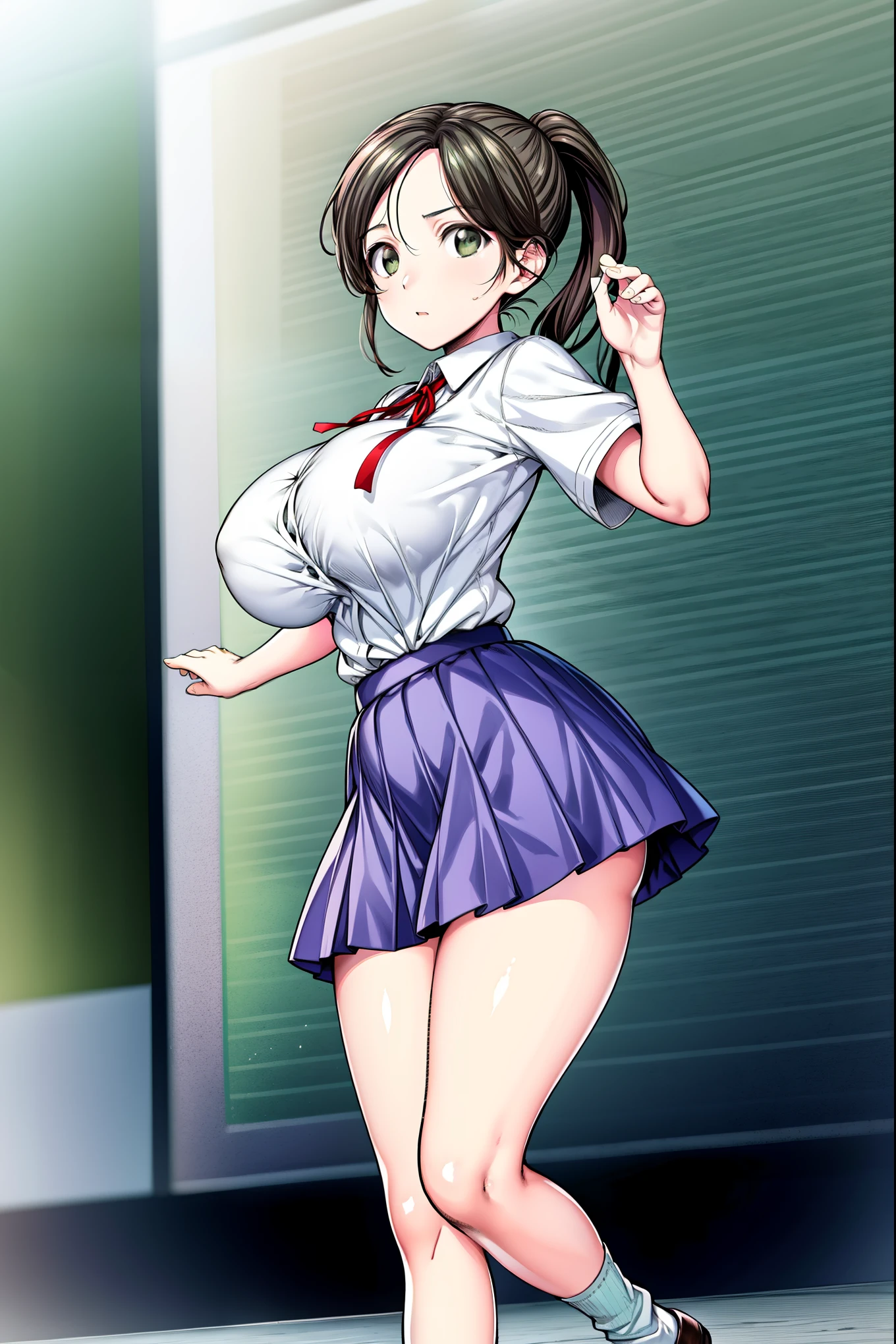 akane yoshizawa, black hair, ponytail, (green eyes:1.5), swept bangs, 
BREAK
long hair, Girl in school uniform, standing on one leg,
BREAK
School class room
BREAK
skirt, shirt, ribbon, school uniform, white shirt, short sleeves, pleated skirt, shoes, socks, blue skirt, white socks, collared shirt, red ribbon,
BREAK
official art, extremely detailed CG unity 8k wallpaper, perfect lighting,Colorful, Bright_Front_face_Lightinasterpiece:1.0),(best_quality:1.0), ultra high res,4K,ultra-detailed,
photography, 8K, HDR, highres, absurdres:1.2, Kodak portra 400, film grain, blurry background, bokeh:1.2, lens flare, (vibrant_color:1.2)
, (beautiful_face:1.5),(narrow_waist), (Beautiful,Huge_Breasts:1.3)