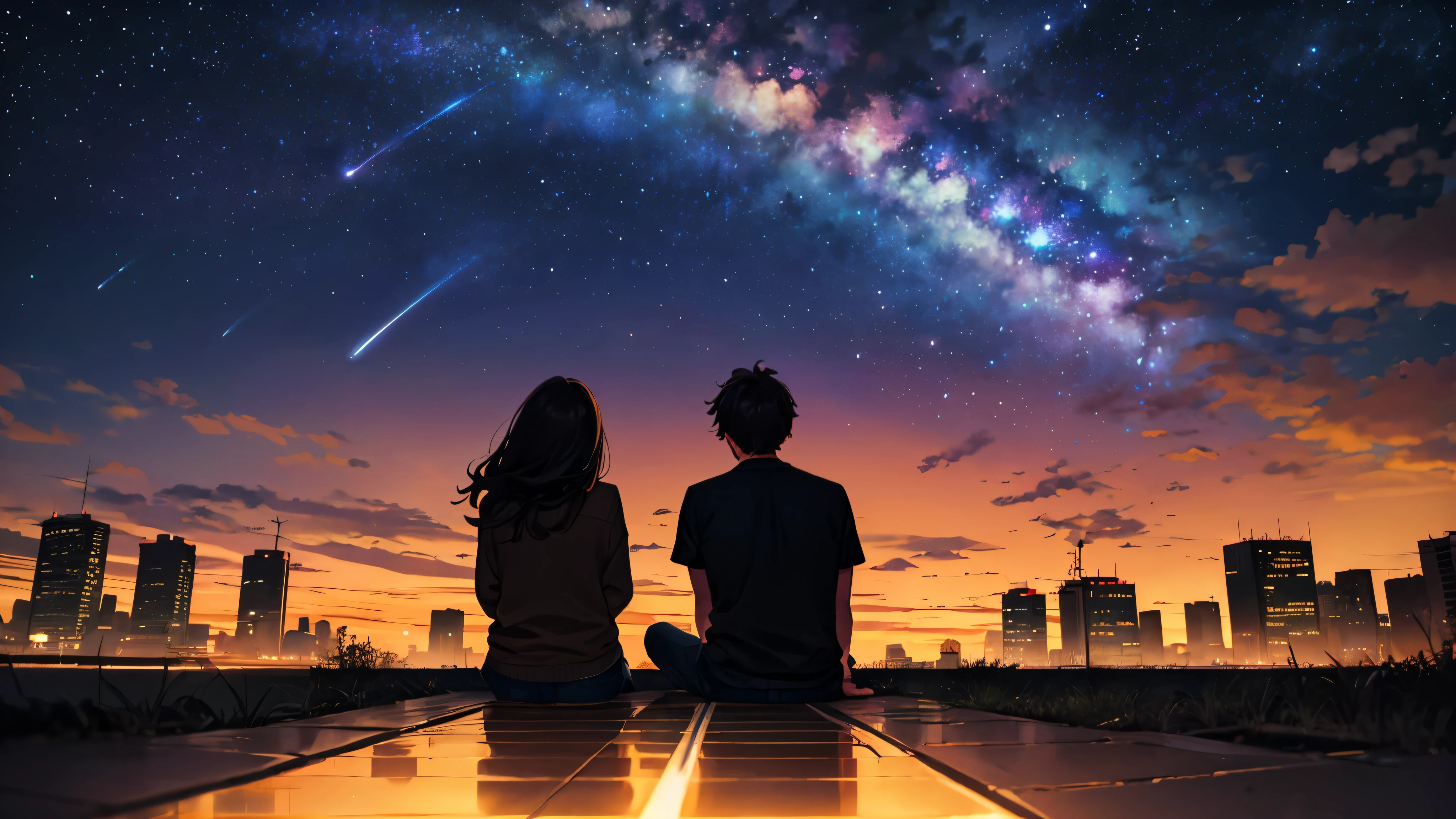 octano, cielo, estrella (cielo), paisaje, estrellary cielo, noche, solo dos personas, un chico de pelo negro, A girl with brown hair, noche cielo, par, al aire libre, edificio, Nubes, session, tree, pelo largo, Urbano, silueta, paisaje urbano, few shooting estrellas. pov behind them, they are session in the ground