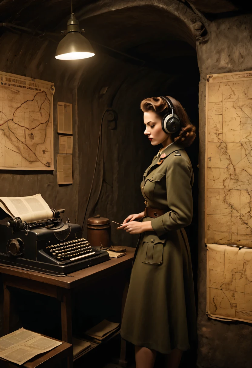 More than 40 years old，Telegraph used underground to send messages in dark tunnels，Female spy wearing headphones，underground combat headquarters，old map hanging on the wall，