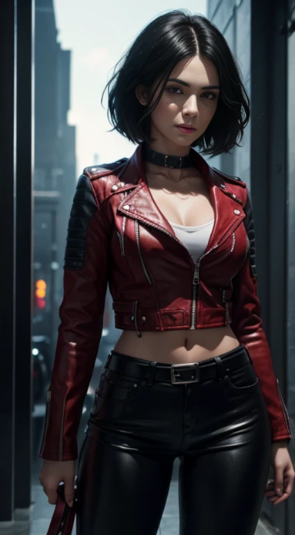 A beautiful 25-year-old British female vampire mercenary with short black hair., white skin, He is wearing a red leather jacket and black tight pants, View from the front, waist up shot, dynamic pose, environmental lighting, photorealism, intricate facial details, intricate hand details, very detailed, Bright colors, cinematic, High resolution, Art Station Trends--Style Raw