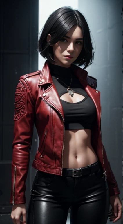 A beautiful 25-year-old British female vampire mercenary with short black hair., white skin, He is wearing a red leather jacket and black tight pants, View from the front, waist up shot, dynamic pose, environmental lighting, photorealism, intricate facial details, intricate hand details, very detailed, Bright colors, cinematic, High resolution, Art Station Trends--Style Raw