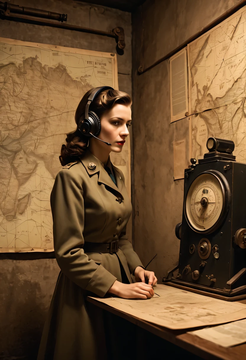 More than 40 years old，Telegraph used underground to send messages in dark tunnels，Female spy wearing headphones，underground combat headquarters，old map hanging on the wall，