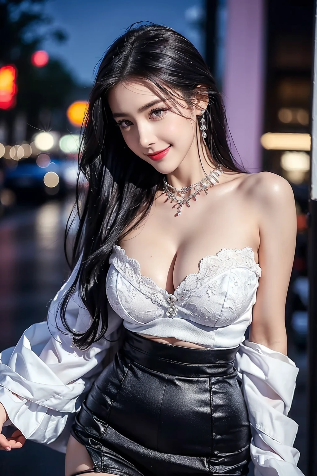(8k, RAW photos, best quality, masterpiece), (realistic, photograph realistic), (masterpiece, best quality, High detail, Best image quality, super detailed, high resolution, Very detailed, Best quality, Extreme detail description, hyperdetailed painting), (An extremely delicate and beautiful work), Beautiful detailed girl, (((shirt lift, lifted by self))), Very detailed eyes and face, Beautiful detailed eyes, Masterpiece, fair skin, noble beauty, very detailed facial, detailed skin structure, perfect anatomy, perfect figure, ((perfect body)), Beautiful detailed whole body, delicate face, fine collar bone, lovely lips, Behind the softness, (beautiful thighs), (slender abs), (big breasts, Bulging breasts, crisp breasts), (cleavage), (soulful eyes), (black eyes), (beautiful and clear eyes), (bounce bang straight long hair), (purple hair), (((smiling eyes headline))), (Enchanted expression), (seductive look), (charming), (An extremely detailed and elegant see-through dark blue lace shirt), (white fur coat and red skirt), (black hose), head gear, highly detailed necklace, delicate hair clip, Delicate earrings, ((view over street, city, midnight)), ((the night)), physically-based rendering, (((the body from the thighs up)))