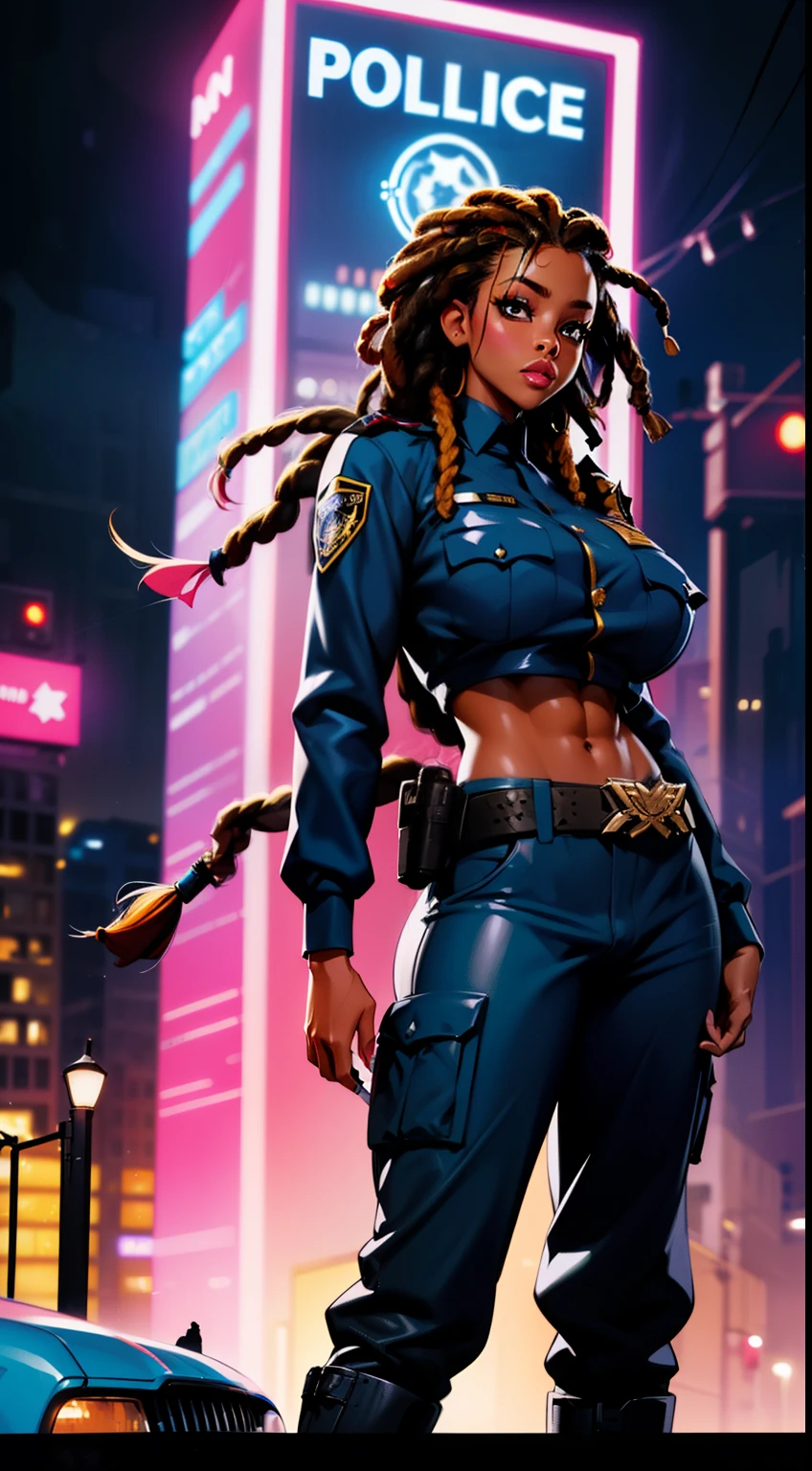 cover art for the buddy cop film, 80s movie posters, dynamic duo of a female and male police officer, standing back-to-back against a neon-lit cityscape backdrop, vibrant colors, african woman, dreads, (dreads:1.4), colored skin (black skin:1.2), wearing a revealing police uniform, midriff exposed, wielding a baton, pump boots, uniform too small for breasts, detailed eyes, ((slendered abs )),((huge breastull bodied), wide hipake lips:1.5), muscular (whiteskin:1.1), male police officer, crotch bulge, rugged, hairy chest, and an air of adventure evoke the nostalgic charm of the era, promising an action-packed and entertaining cinematic experience