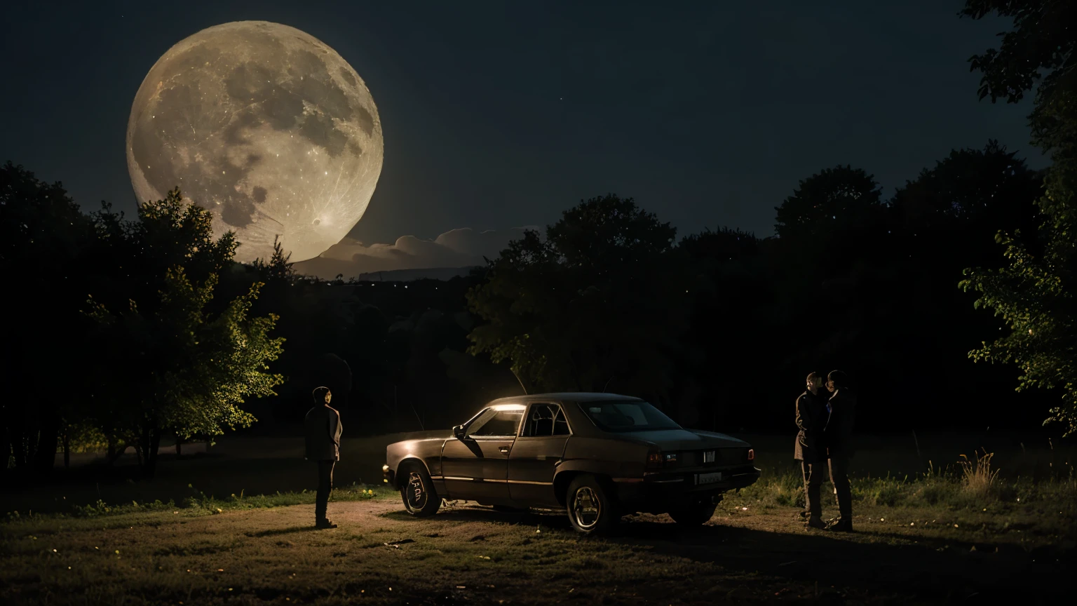 make a scenery with 2 friends standing outside a abondand house with there broken down car with big moon and forest at night