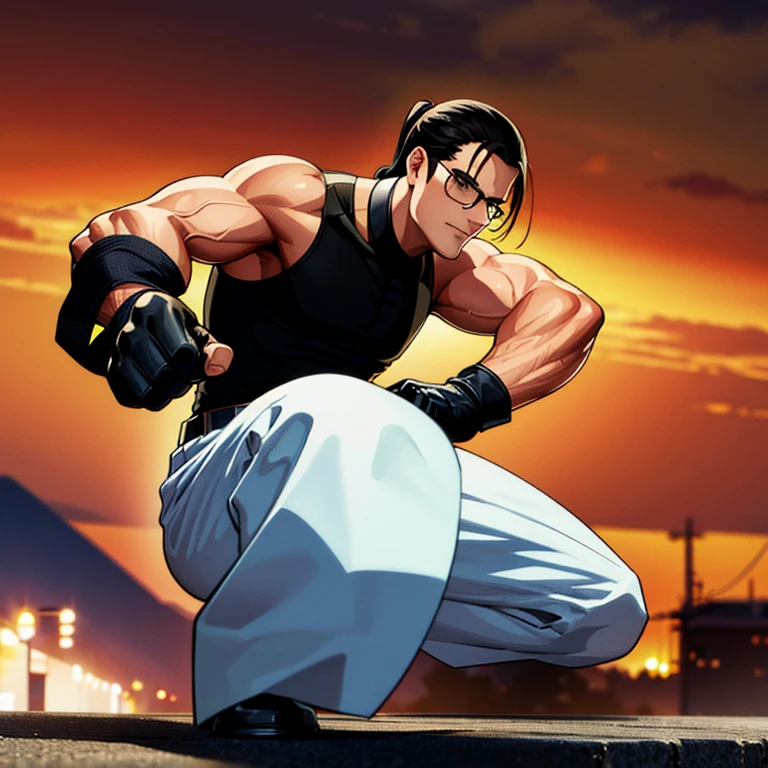 masterpiece, high resolution, best quality, wonderful art, detailed hands, 1 man, solo, Robert Garcia KOF, slim body, 30 years old, full body, slim, long black hair, ponytail, copper vest, black sleeveless turtleneck top, black MMA gloves, white pants, black shoes, wearing navy blue glasses, looking at the viewer, making his combat position, martial arts tournament environment 