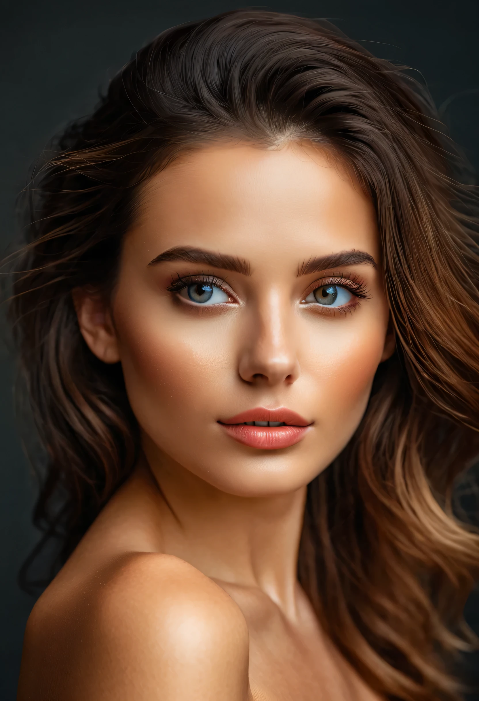 beautiful eyes, flawless skin, stylish fashion, confident posture, in a luxurious and modern studio, captured in high-resolution photography, with vibrant colors and professional lighting techniques ultra detailed face, no makeup