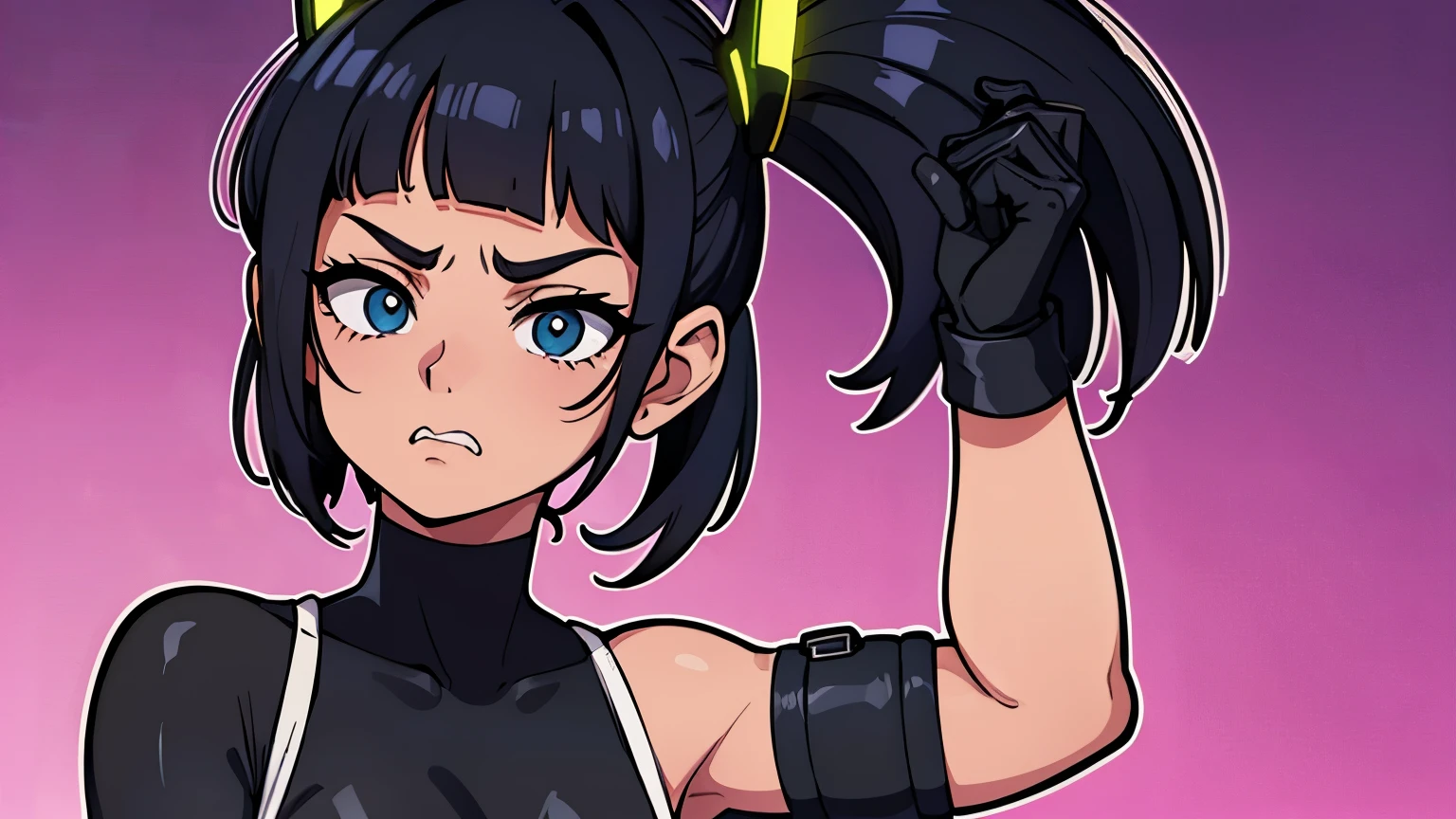 crie uma garota de negra de pele escuro e cabelo curto com pigtails short hair e cabelo escuro olhos catanhos claros em um fundo branco vazio com uma roupa de mecanica cyberpunk branca e com detalhes em preto e amarela ela tem por volta de 18, like the furious face com muita raiva