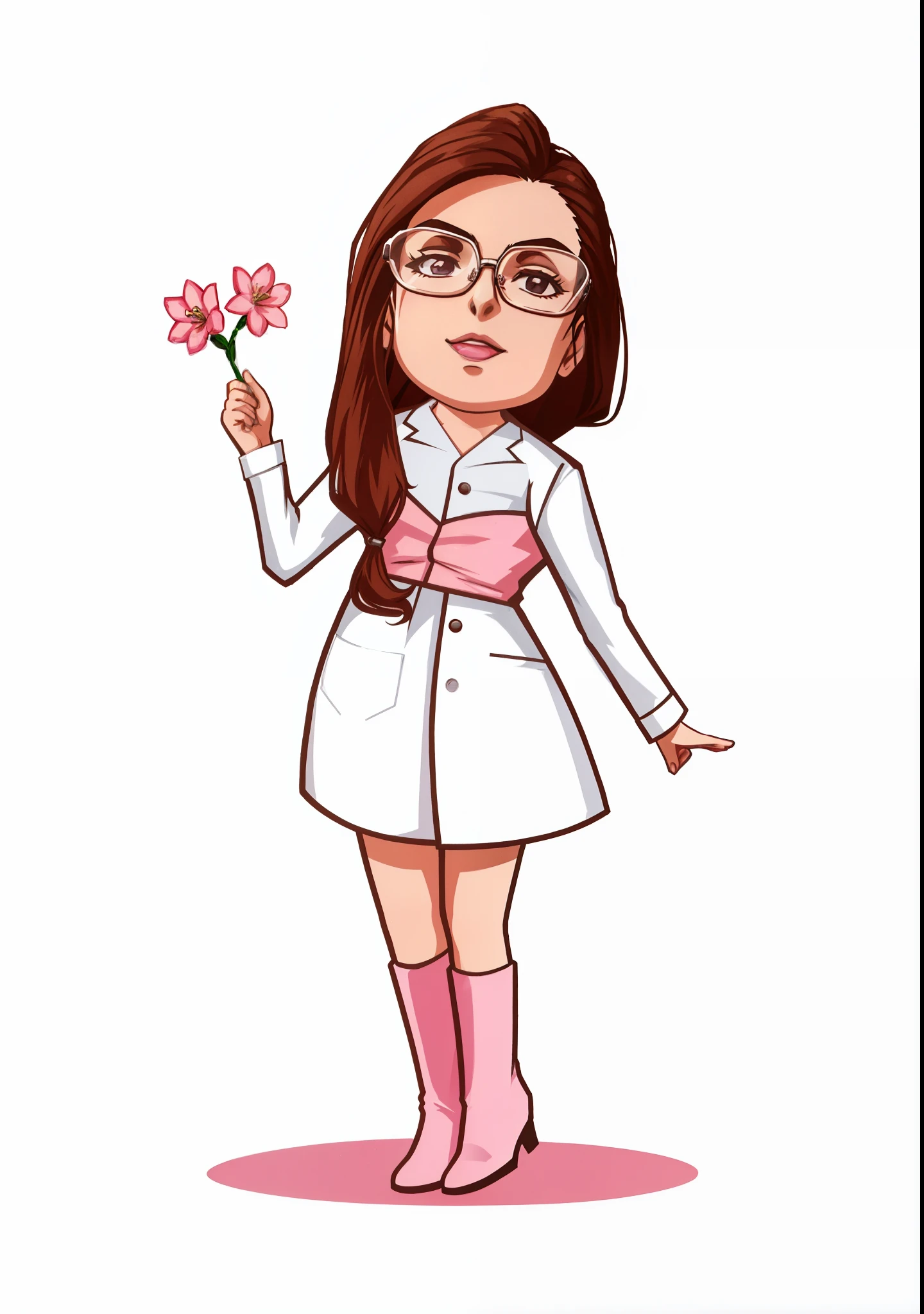 a cartoon girl in a white dress holding a flower, with a lab coat, wearing lab coat and glasses, wearing lab coat and a blouse, charicature, wearing a lab coat, wearing a labcoat, wearing lab coat, yayoi kasuma, in cartoon style, !!full body portrait!!, gordon freeman as a woman, advanced digital chibi art