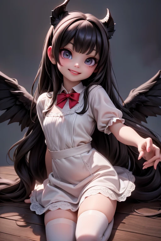 Ultra-realistic 8k CG, masterpiece, best quality, (photorealistic:1.4), absurdres, extremely detailed, real hair, a demon-girl smiling, red lipstick, red smokey eyes make up, showing fang, black hair, teen dress, (white stockings), black (mary jane Lolita pumps), tail, black wings, devil horns, looking at viewer, reflective, crawling toward viewer, night castle, night sky, life-like, horror scene, dark setting,