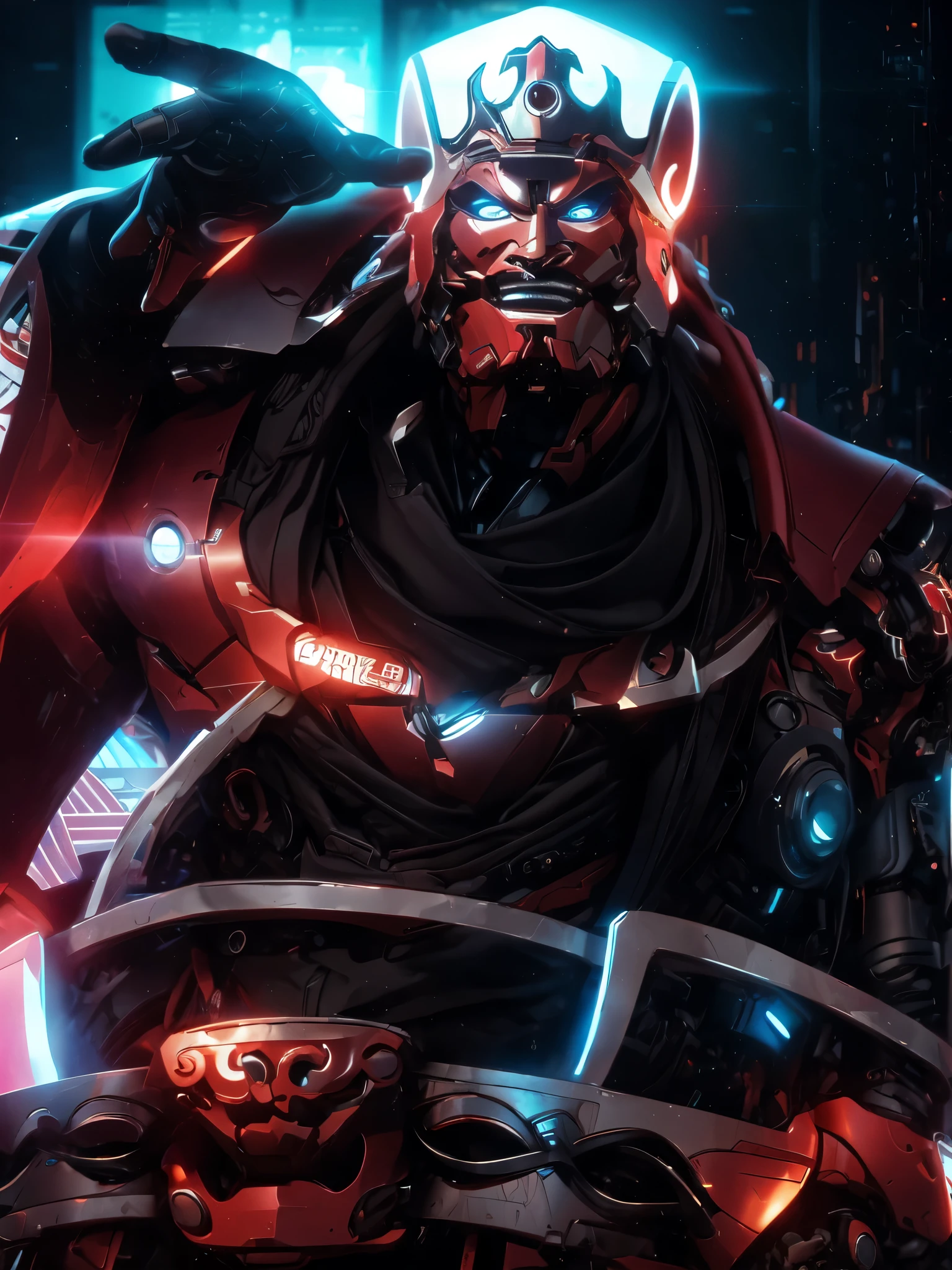 cybersamurai,top quality, super detailed, super detailed的细节, fine details, (fat),(cyberpunk),(((Iron Man Mask))),Hack into a computer terminal, Robotic arm,(Red and white and glowing machine limbs:1.3), (Hat with mechanical neon lights:1.2), (Very long beard), ((cyberpunk 2077 城市景观)), (cyberpunk美学与氛围:1.3)