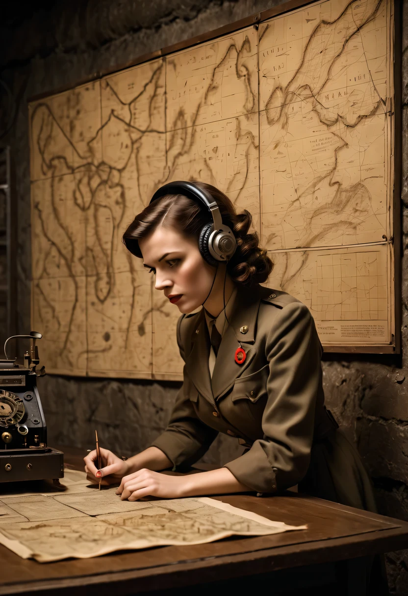 More than 40 years old,Telegraph used underground to send messages in dark tunnels,Female spy wearing headphones,underground combat headquarters,old map hanging on the wall,