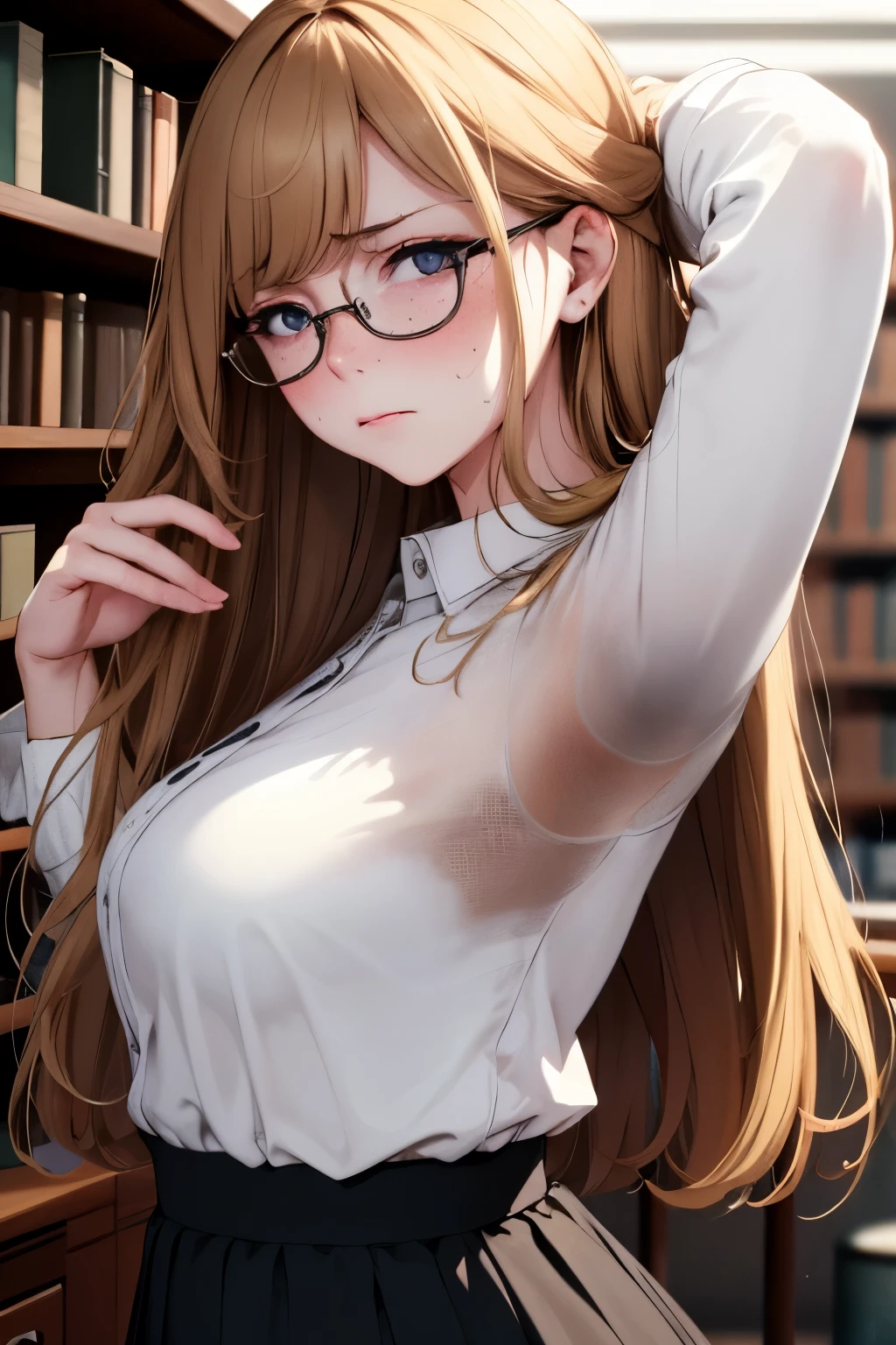 masterpiece, beautiful detail, beautiful light and shadow, 1girl, disgusted face, disgust, glasses, knitted high-waist long skirt, long sleeved white shirt, beautiful hazel bangs, freckles, from side, looking at the viewer,  sweat stain, steaming body, steam, sweat, armpit stains, library, blurred background with schelf in background