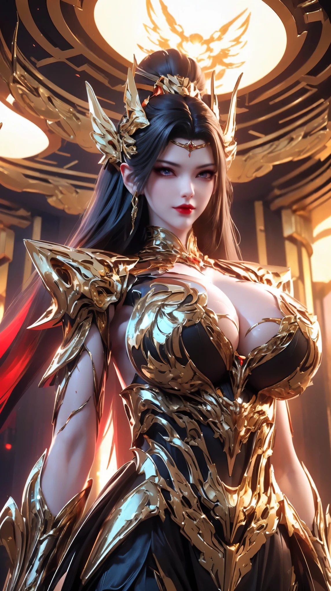 UPPER BODY,CLOSE UP HALF BODY,SOLO,(BEAUTY BLACK HAIRSTYLE,MECHA PHOENIX GOLD HELM), (HUGE FAKE BREAST,CLEAVAGE,MUSCLE ABS:1.5), ((WEAR RED AND WHITE MODERN FUTURISTIC MECHA ARMORED SET:1.5)),(NSFW SLENDER BODY MATURE WOMAN:1.5), (SWEATY GLOSSY BODY:1.5), (LOOKING AT VIEWER:1.3),(HALLROOM OF FUTURISTIC SPACE STATION:1), (PHOTOREALSITIC:1.4), (ULTRA-DETAILLIERT), (TOP-QUALITY), (BEST SHADOWS), (​MASTERPIECE), BRIGHT LIGHT IN ROOM, HYPER TEXTURE, (4X MSAA), ((UNREAL ENGINE 5 RENDER)), PHYSICALLY-BASED RENDERING, ULTRA HIGHT DEFINITION, 16K, 1080P.