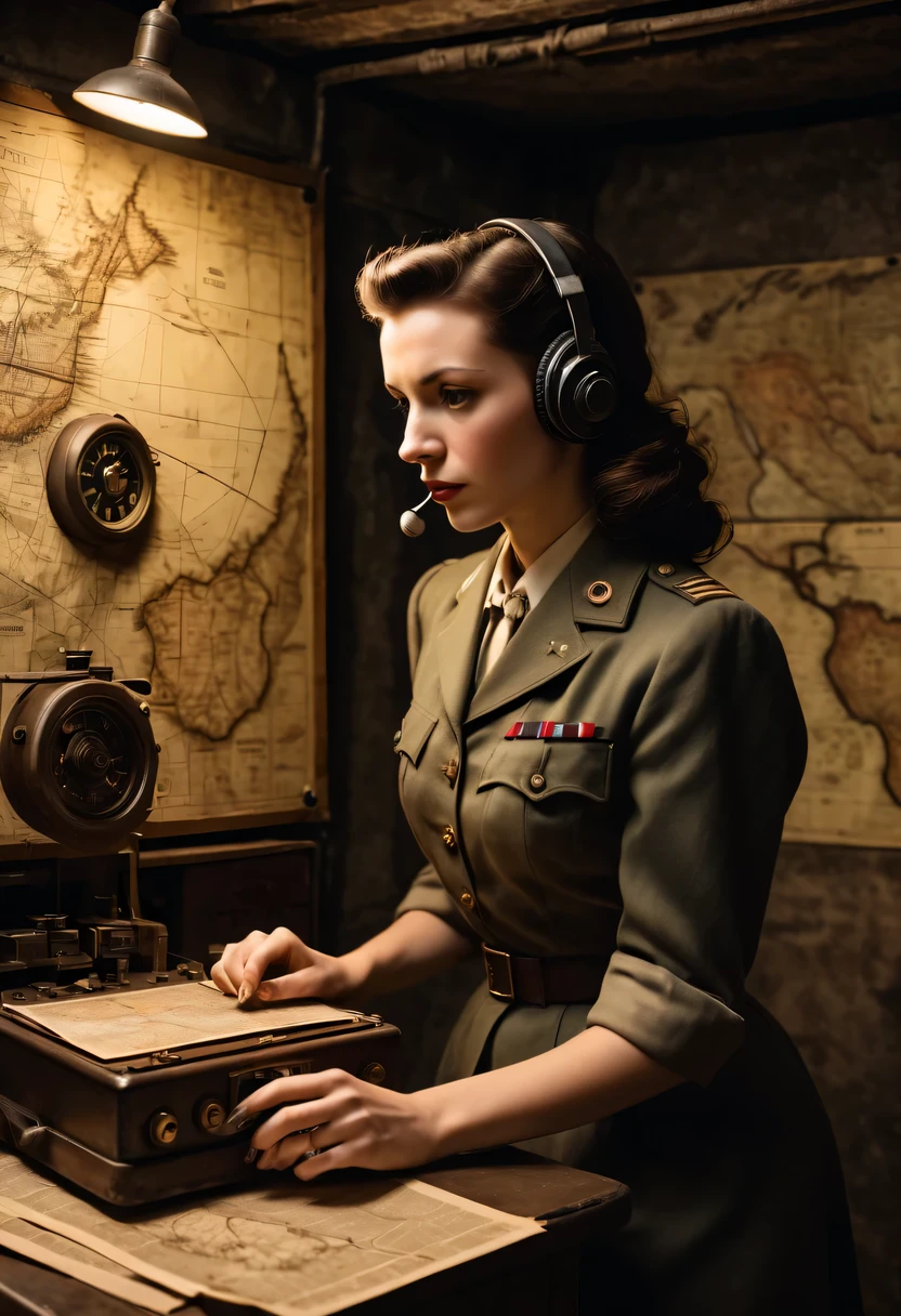 More than 40 years old,Telegraph used underground to send messages in dark tunnels,Female spy wearing headphones,underground combat headquarters,old map hanging on the wall,