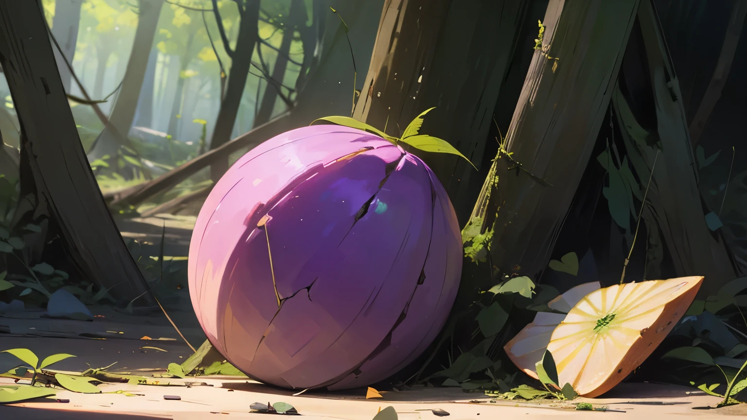 In the forest,Purple cantaloupe on the ground,Broken