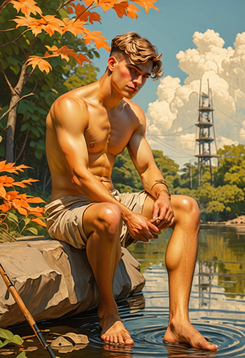 Best quality 8k resolution, :1.2),fullbody, In the digital art style of painting, afullbodya young shirtless, barefoot, gorgeous, sitting, man fishing on the shore, orange factory in the background, an image created with style great by jc leyendecker, paul cadmus and henry scott tuke,From the sky you can see a meandering river along its course the river green trees, multicolored flowers, maple trees, 16k resolution, ambient light, with highly intricate and precis