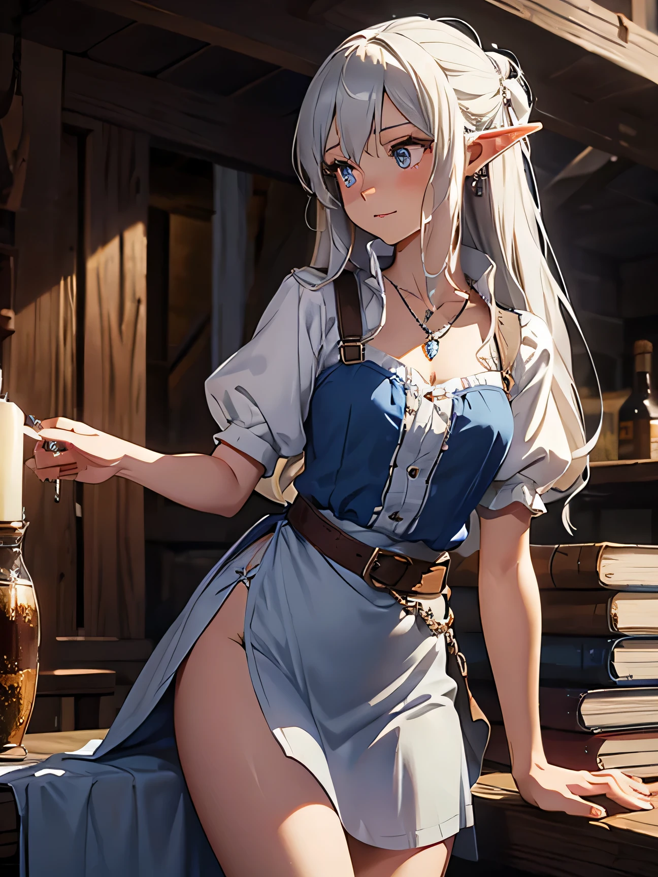 masterpiece, rustic tavern, 1_woman, full body, looking away viewer, talking to someone, long elf ears, platinum blonde long hair, gray colored eyes, medium_bust, (thigh_gap), thigh_gap, puffy shirt, white blouse, short sleeves, dark blue high waist underbust dress, four buttons at waist, blue ribbons in hair, hair ornament, (blue rose at waist), flounce hemline, smirking at viewer, long skirt with slit, wearing (necklace with silver ring on it), holding old brown book, 