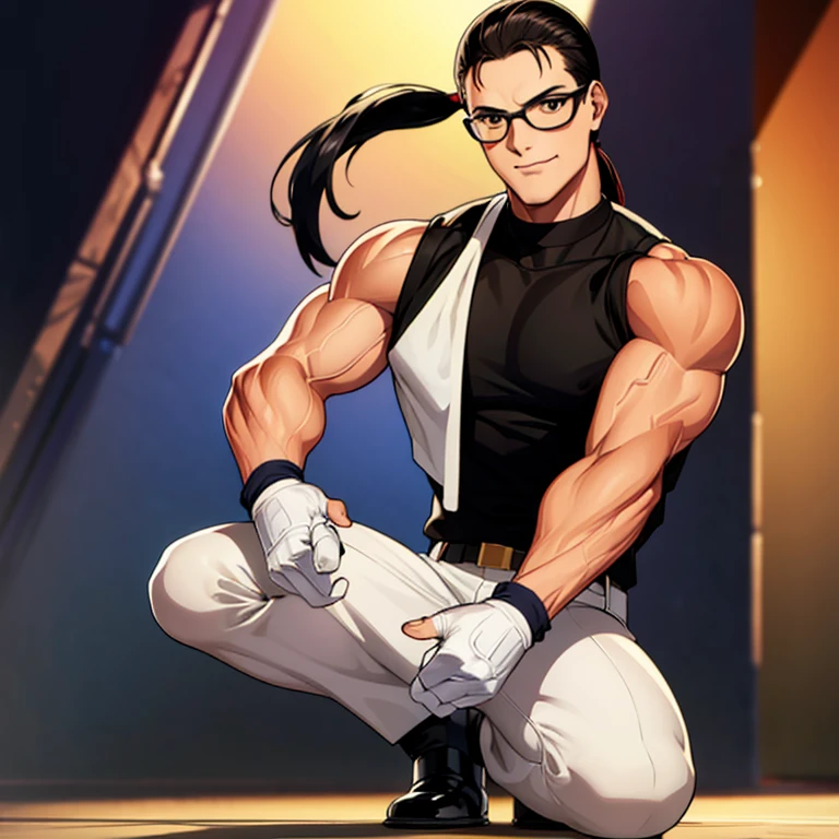 masterpiece, high resolution, best quality, wonderful art, detailed hands, 1 man, solo, Robert Garcia KOF, slim body, 30 years old, full body, slim, long black hair, ponytail, orange open vest, black sleeveless turtleneck top, black MMA gloves, white pants, black shoes, wearing navy blue glasses, looking at the viewer, smiling brightly, making his combat position, martial arts tournament environment 