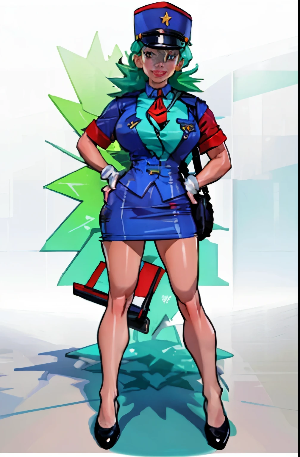 (masterpiece, best quality:1.2) officer jenny, pokemon, 1girl, solo, long hair, breasts, looking at viewer, smile, red eyes, green hair, huge breasts, green hair, white gloves, police hat, miniskirt, bag, star (symbol), uniform, blue skirt, hand on hip, blue shirt, pencil skirt, brown pantyhose, motor vehicle, ground, vehicle, police uniform, simple background, skirt suit, (((three-piece suit))), (((necktie))), blazer, (((suit jacket))), (((waistcoat))), double-breasted waistcoat, bodycon miniskirt, pencil skirt,