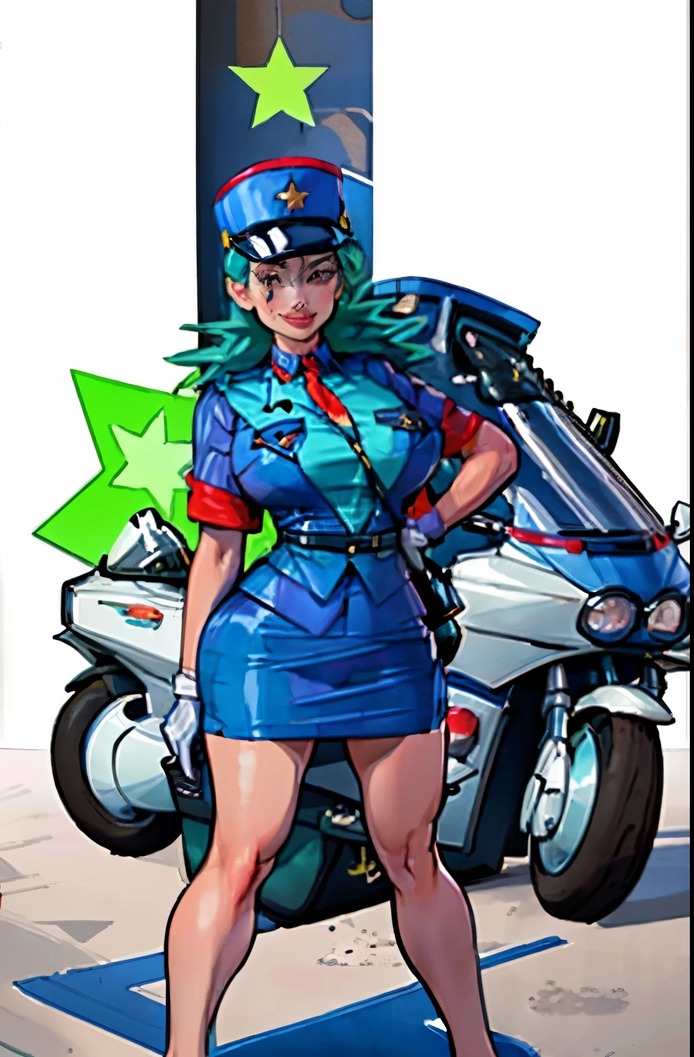 (masterpiece, best quality:1.2) officer jenny, pokemon, 1girl, solo, long hair, breasts, looking at viewer, smile, red eyes, green hair, huge breasts, green hair, white gloves, police hat, miniskirt, bag, star (symbol), uniform, blue skirt, hand on hip, blue shirt, pencil skirt, brown pantyhose, motor vehicle, ground, vehicle, police uniform, simple background, skirt suit, (((three-piece suit))), (((necktie))), blazer, (((suit jacket))), (((waistcoat))), double-breasted waistcoat, bodycon miniskirt, pencil skirt,