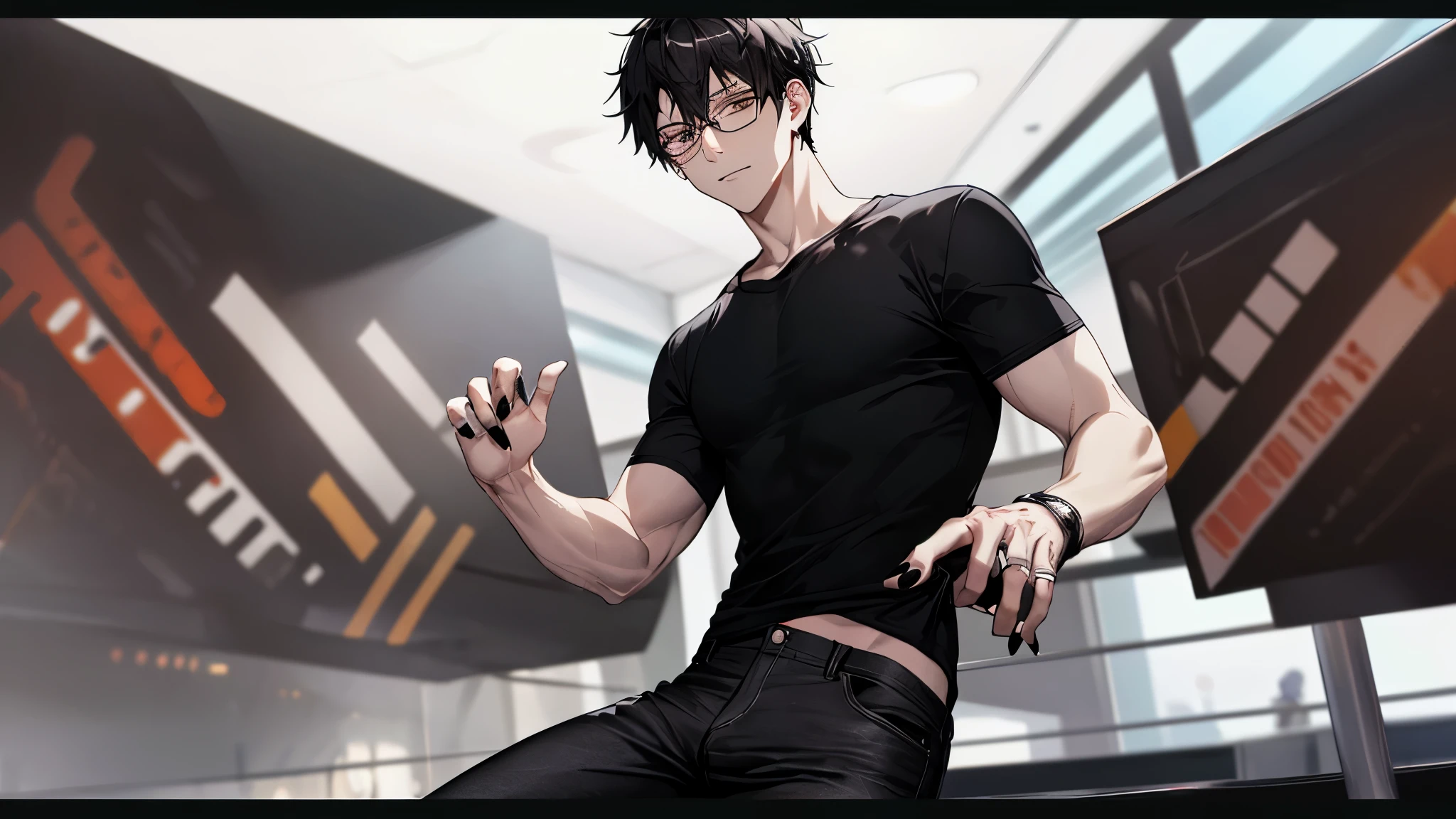 1 guy, black jeans, black shirt, press, Thin, pale, rings on fingers, black nails, Glasses, black hair, a little sporty, Glass eyes, cinematic lighting, Blur background, Best quality, Brown eyes, On the plane,