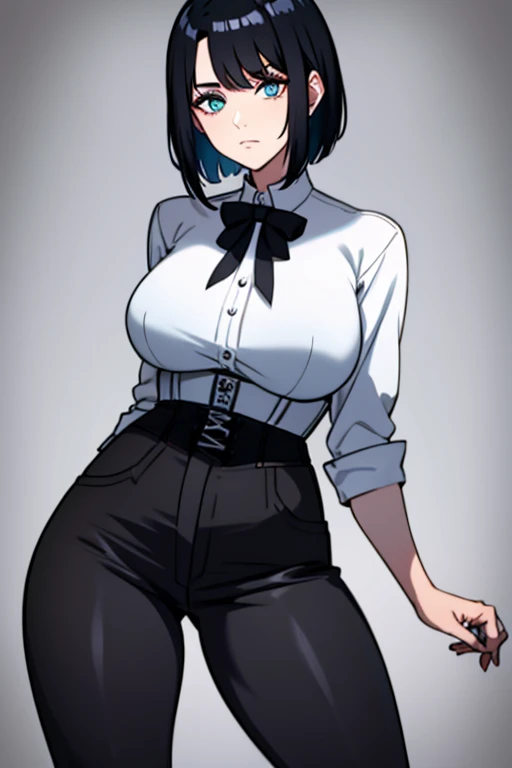 woman, short chopped black hair, ringed cyan eyes, white shirt, black corset, black pants