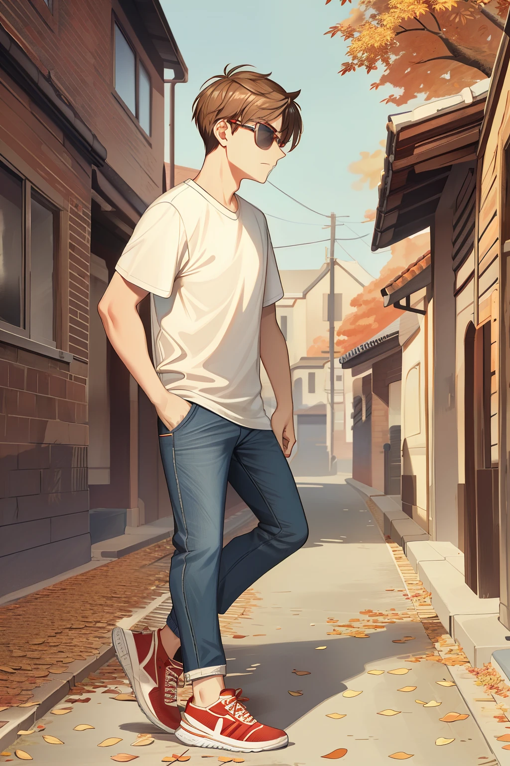 boy, solo,Balanced pose, Bright red shoes, Detailed facial features, Expressionless face, Street scene, Old brick buildings, Falling leaves, Autumn, Glasses with tinted lenses, Detailed urban background, Shadows cast by the sun, Basic t-shirt and jeans, Chunky sneakers, Side profile, Casual attitude, Unshaven jawline, Furrowed brow.

Or:

b --s2. boy, solo, Balanced posture, Bright red sneakers, Detailed facial features, Expressionless face, Suburban neighborhood, Modern bungalow, Pile of autumn leaves, Crisp autumn air, Tinted glasses, Detailed suburban