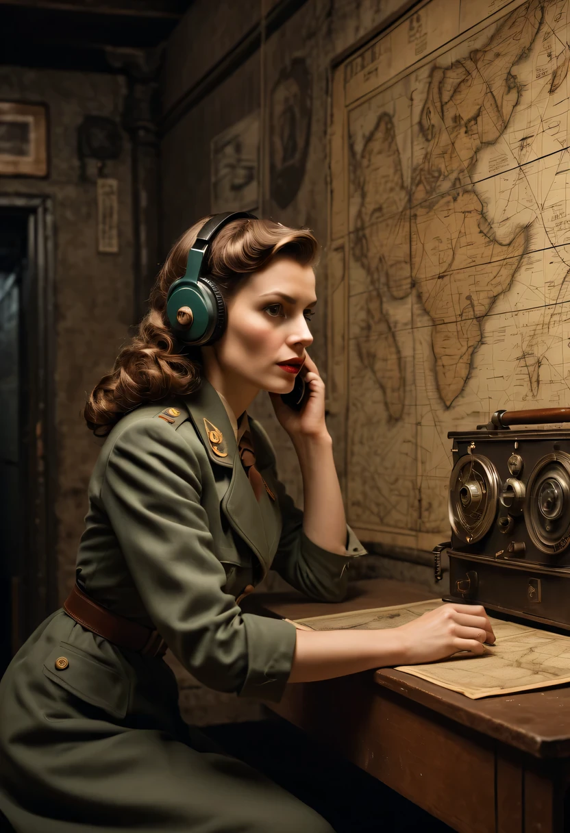 More than 40 years old,Telegraph used underground to send messages in dark tunnels,Female spy wearing headphones,underground combat headquarters,old map hanging on the wall,