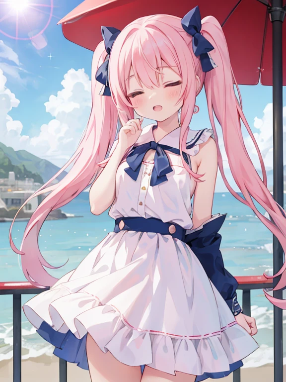 absurderes, hight resolution, (Anime style:1.1), ((masutepiece)), ((Best Quality)), (Ultra-detailed), (Beautiful), 独奏, Beautiful face, (Cowgirl Shot:1.2)、(liftup),Cute standing on the street in Mediterranean port city,Wind,Light pink hair, Blue eyes,very long twintails, White skirt, Blue sky,Laugh,double tooth,Closed eyes,Looking at Viewer,Lens Flare,Dramatic, Coastal、red eyes, topless, small breasts