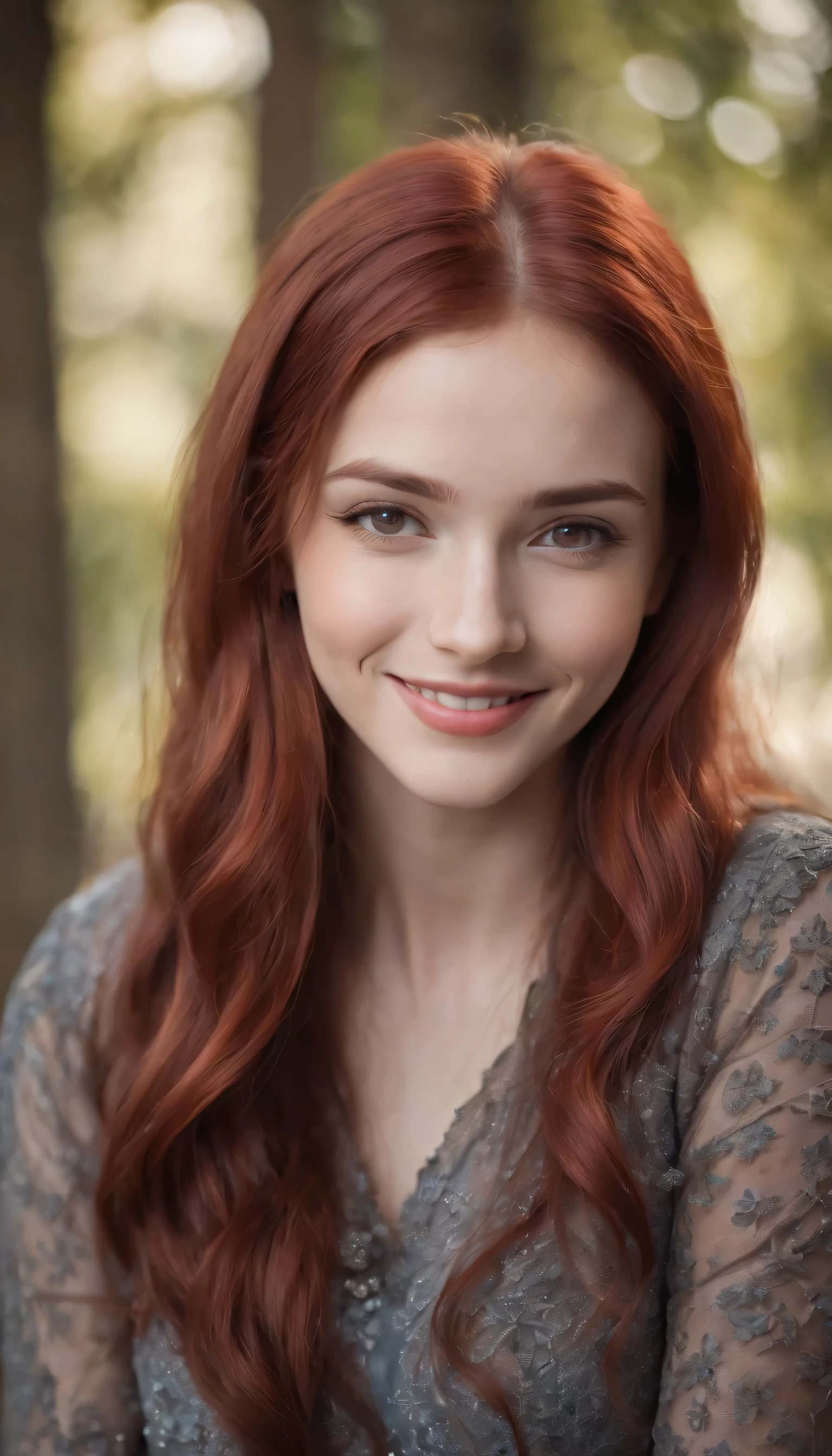 1girl, red hair, long hair, red eyes, smiling