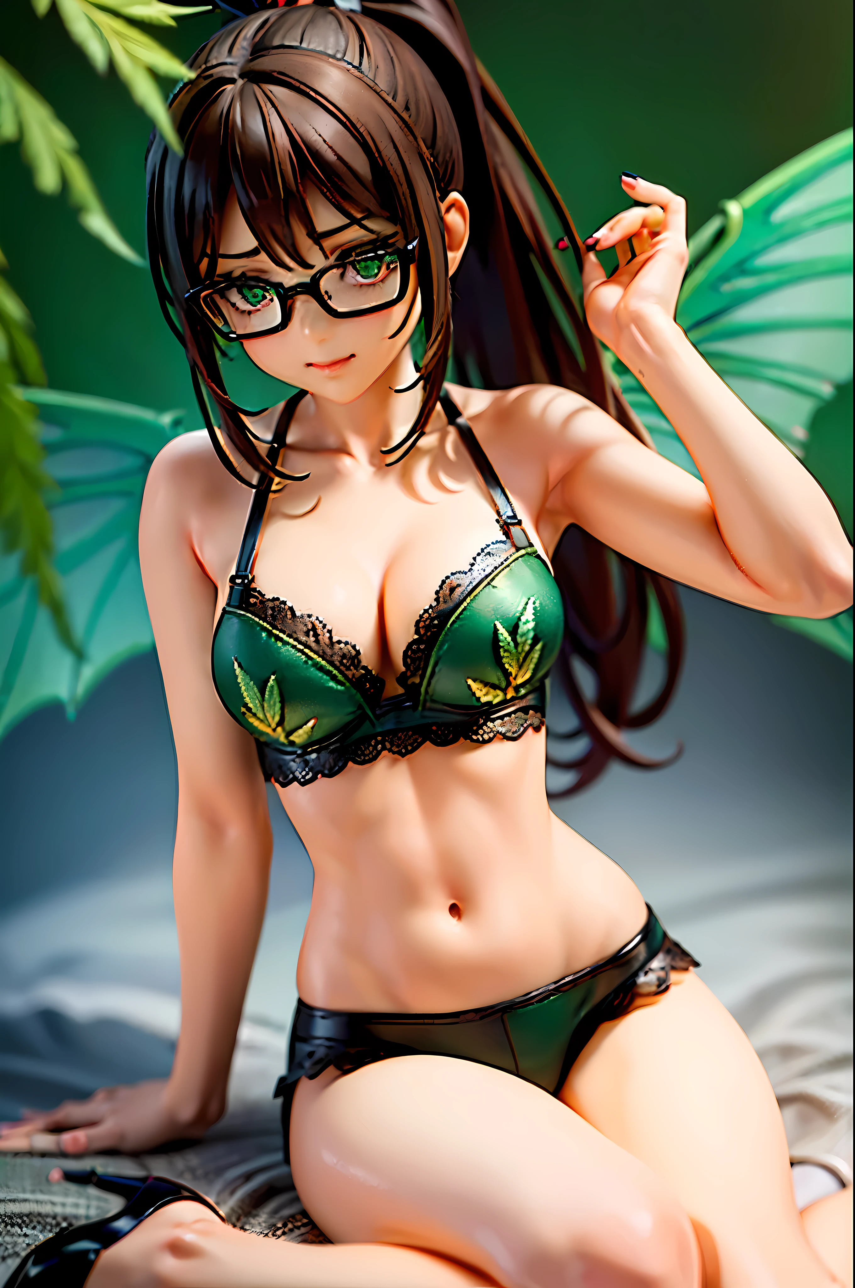 ((a beautiful young pinup woman with green fairy wings and dark brown hair and seductive smile lingerie embroidered with cannabis leaves)), fairy wings, (fair wings), (bra embroidered with cannabis leaves), long bob hairstyle, forehead, leather mini skirt made of black lace and cannabis leaves, green collar, smooth body, black frame glasses, ((dark green high heels)), (sexy medium breasts) cherry red lipstick, (beautiful face), hyperdetailed face, (detailed face), detailed eyes, ((green eyes)), ((hand on knee)), (hair in high ponytail), (expressive eyes), intricate, a masterpiece, natural lighting, 8k character illustration, intense gaze, dynamic composition, epic, exquisite composition, professional photography, canon EOS, sharp focus, bokeh, ambient occlusion, subsurface scattering, narrow depth of field 