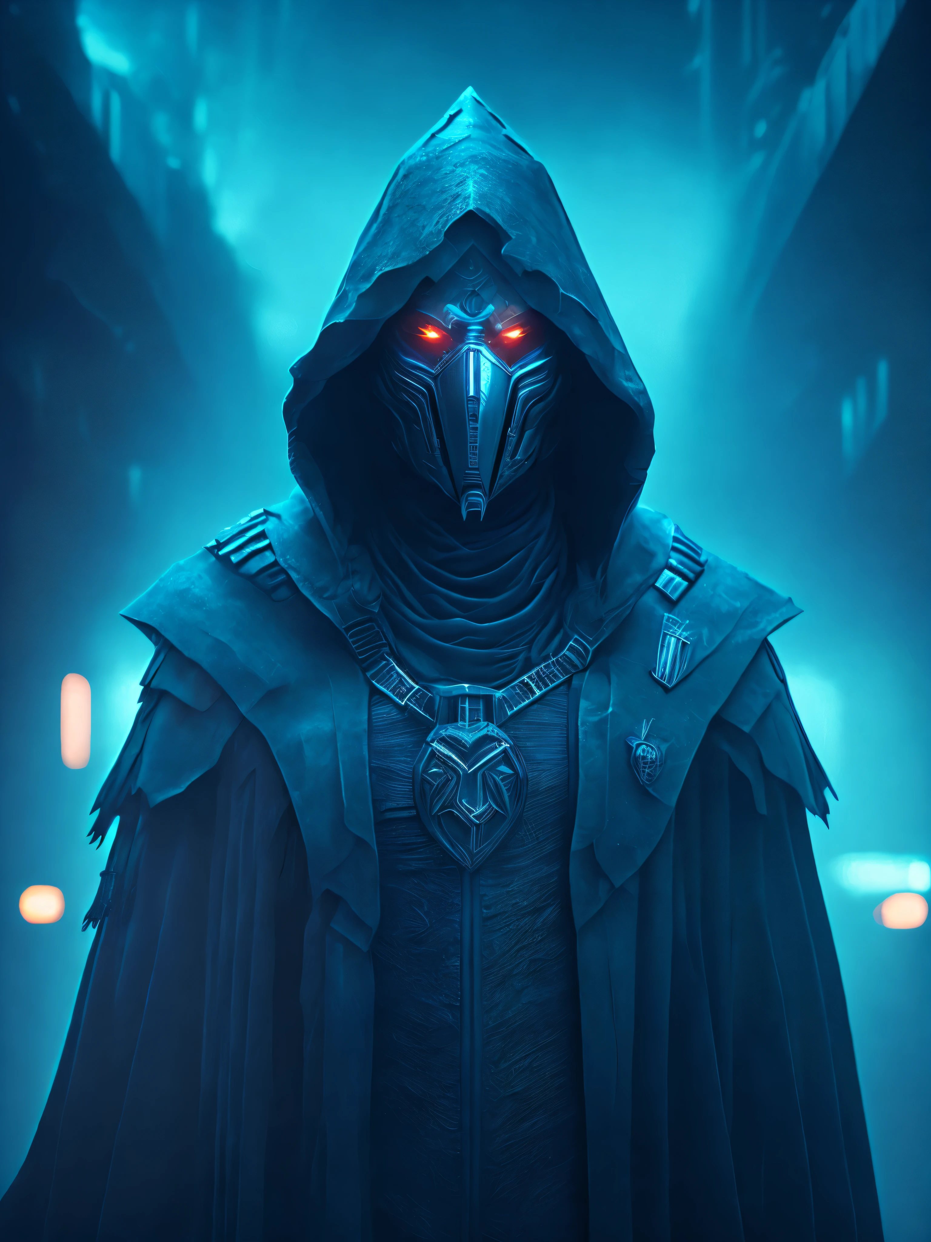 Foggy portrait of reaper from Marvel with intricate angular cybernetic implants inside a brutalist building, gothic abounded hospital, cyberpunk, award-winning photo, bokeh, smokey neon lights, cybernetic limb